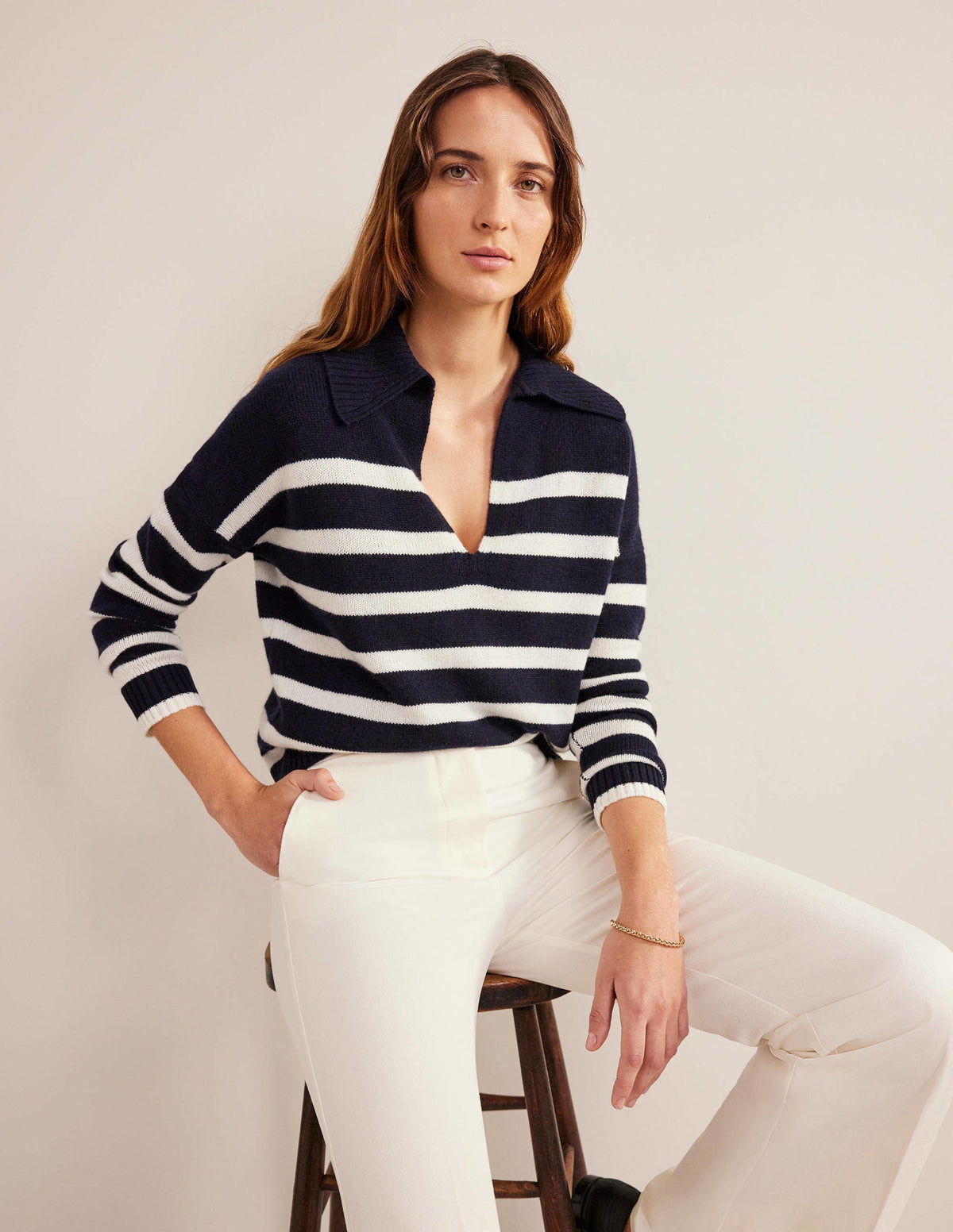 Collared Cashmere Sweater-Navy, Ivory Stripe-1