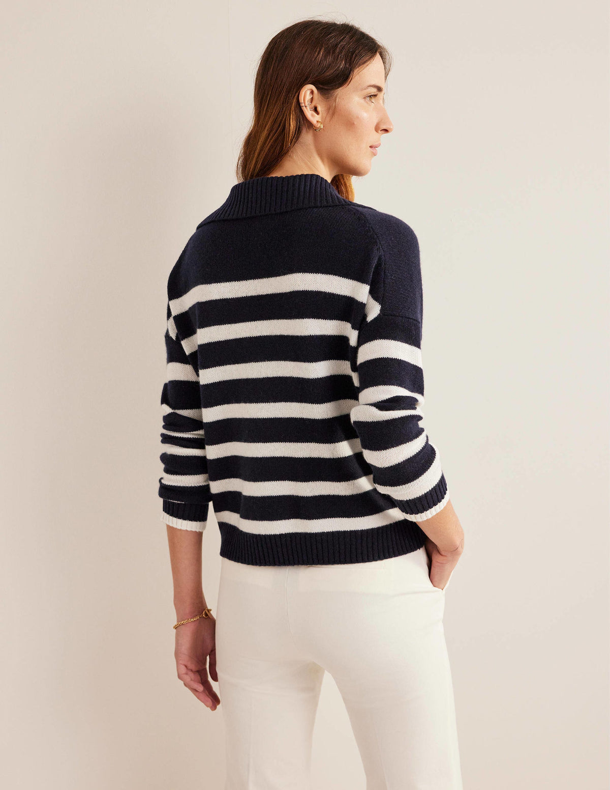 Collared Cashmere Sweater-Navy, Ivory Stripe-3