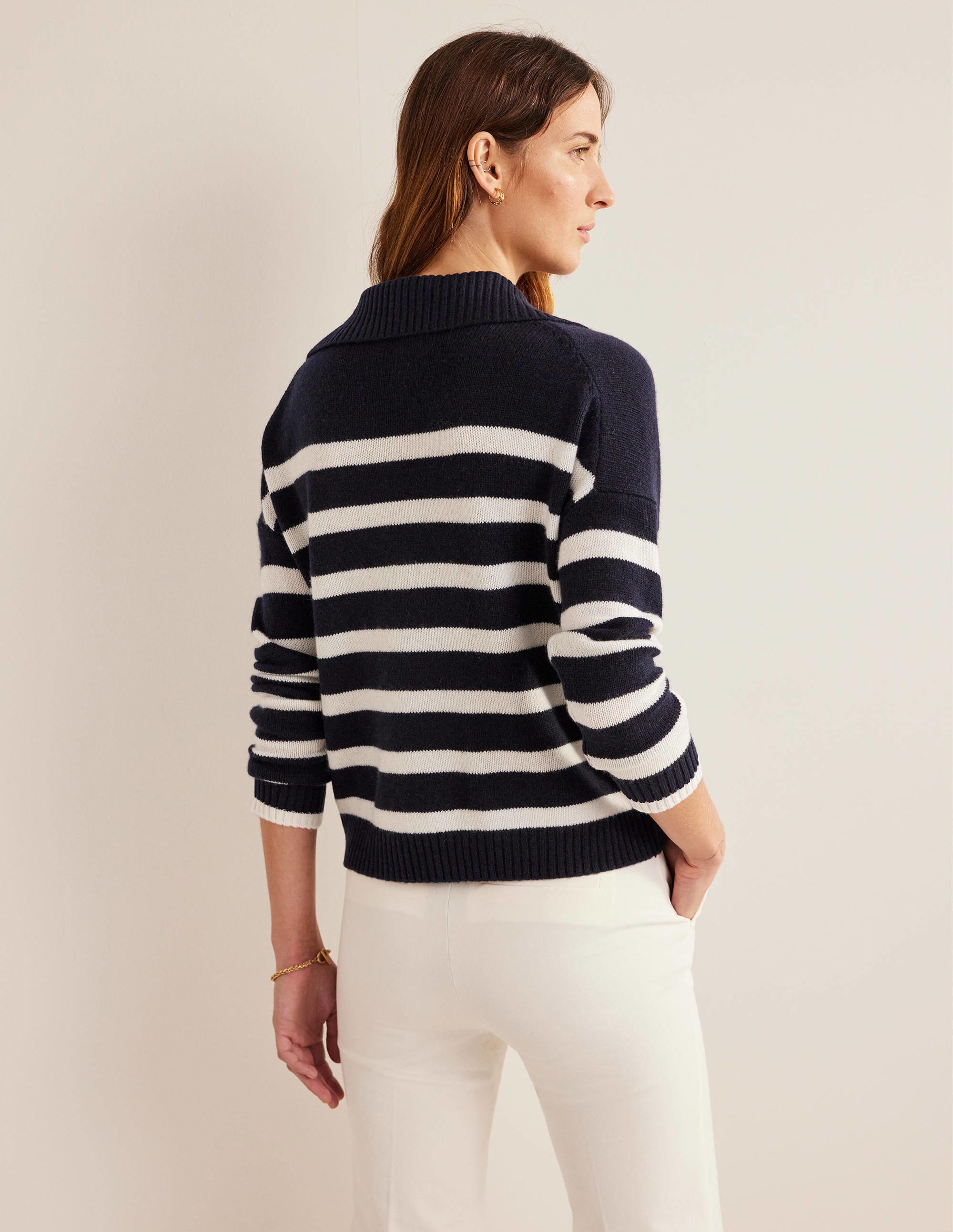 Collared Cashmere Sweater-Navy, Ivory Stripe - Image 3