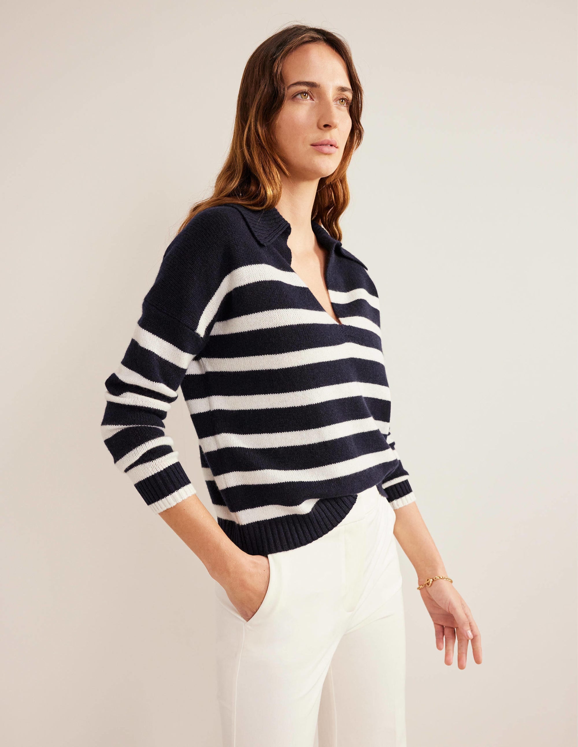 Collared Cashmere Sweater-Navy, Ivory Stripe - Image 4