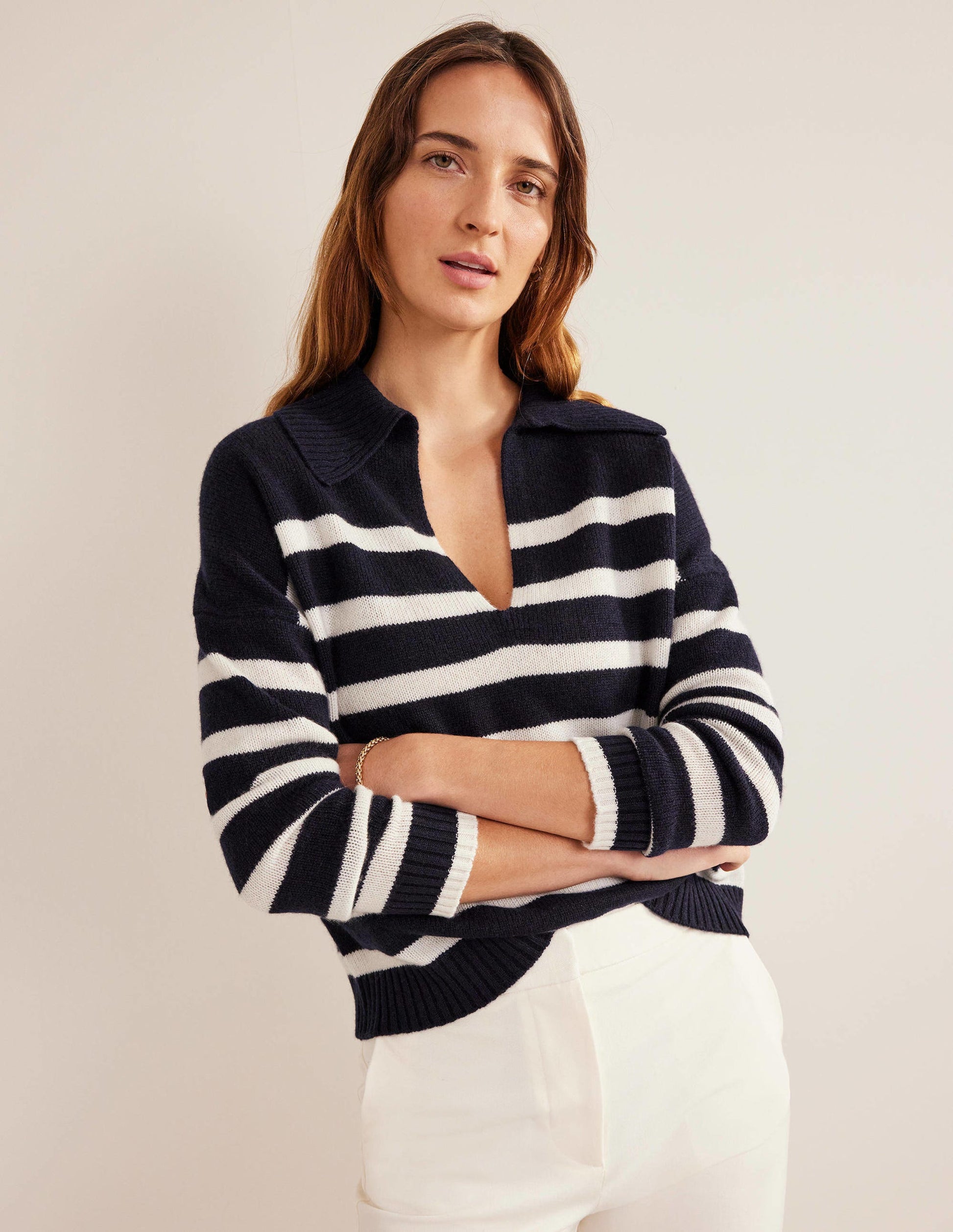 Collared Cashmere Sweater-Navy, Ivory Stripe-6