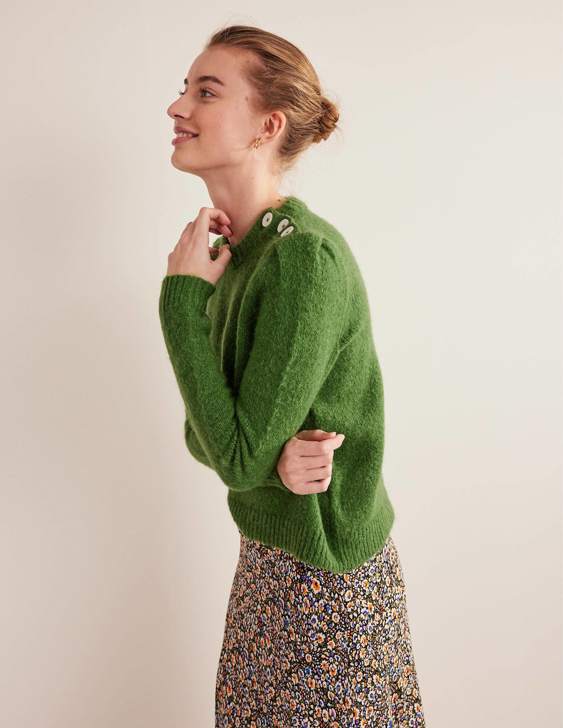 Fluffy Button Shoulder Sweater-Broad Bean-1