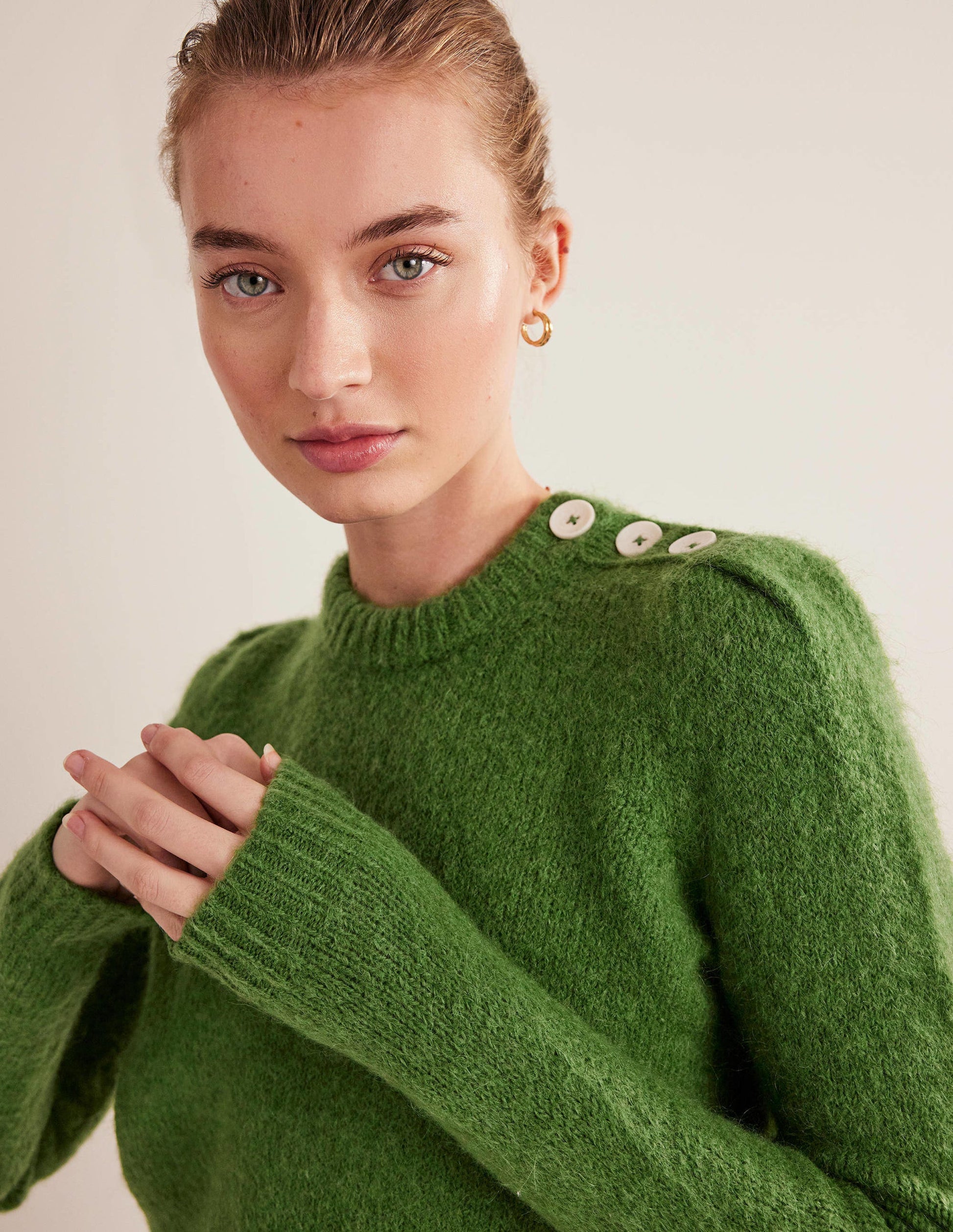 Fluffy Button Shoulder Sweater-Broad Bean-2