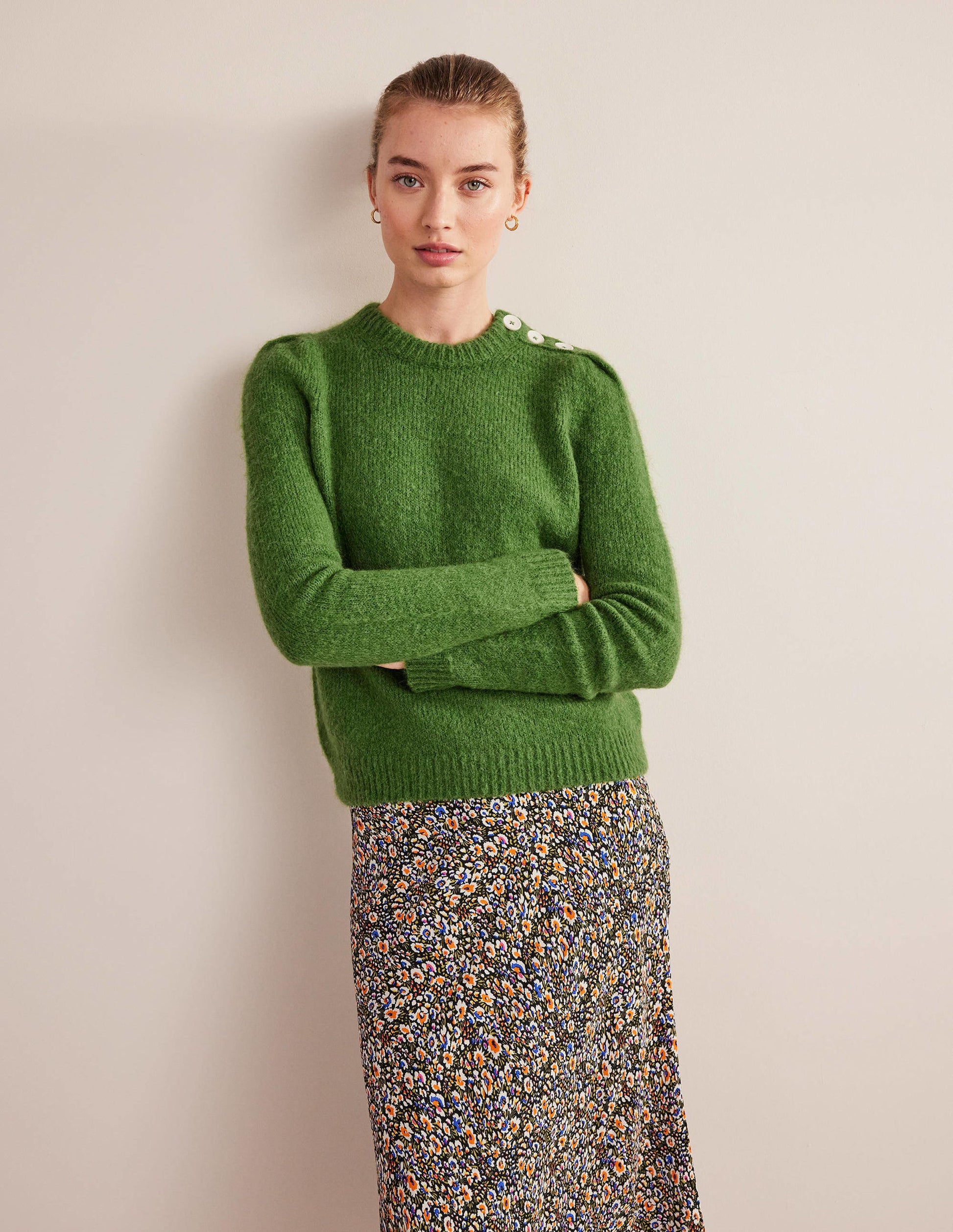Fluffy Button Shoulder Sweater-Broad Bean-4