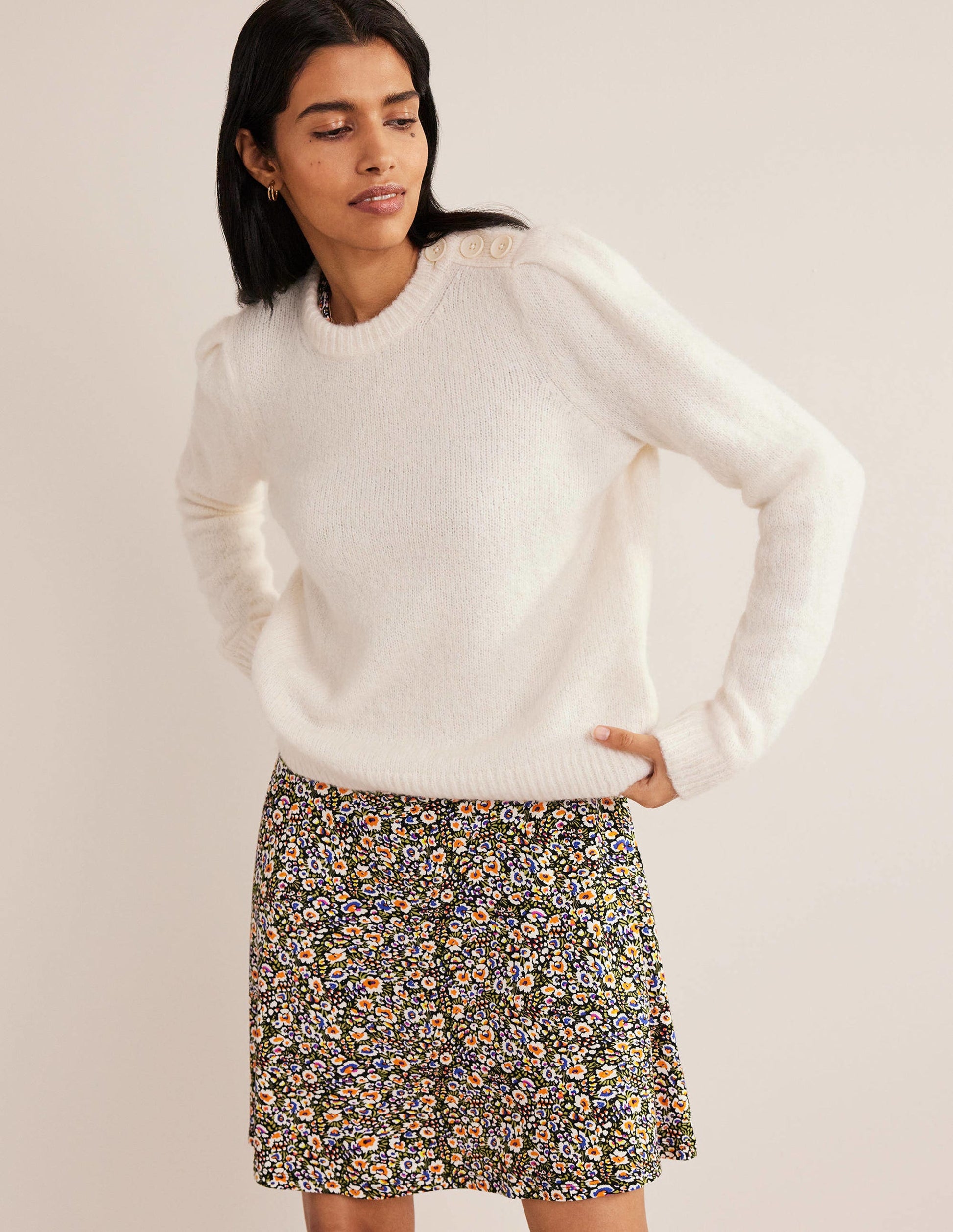 Fluffy Button Shoulder Sweater-Warm Ivory-1