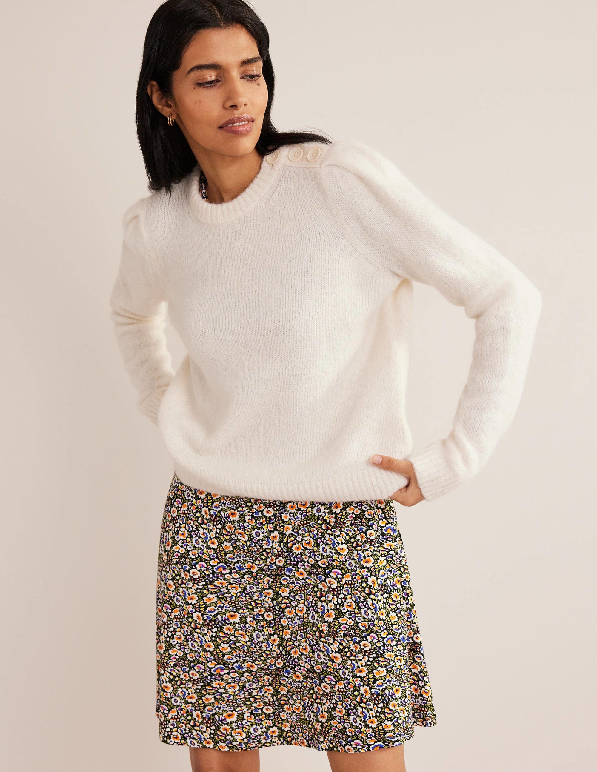 Fluffy Button Shoulder Sweater-Warm Ivory - Image 1