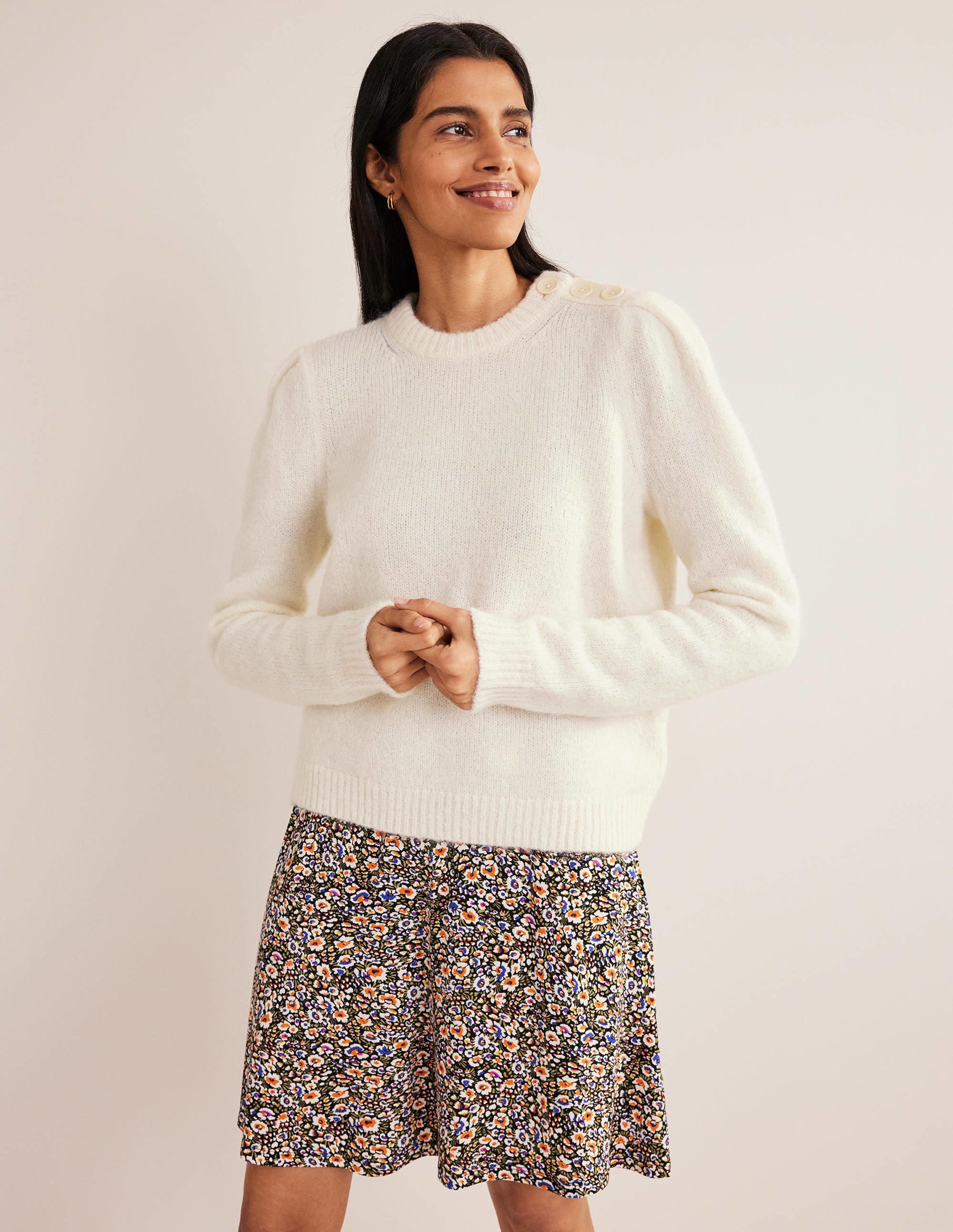 Fluffy Button Shoulder Sweater-Warm Ivory - Image 4