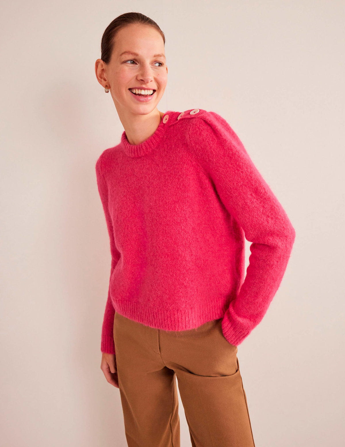 Fluffy Button Shoulder Sweater-Virtual Pink-1