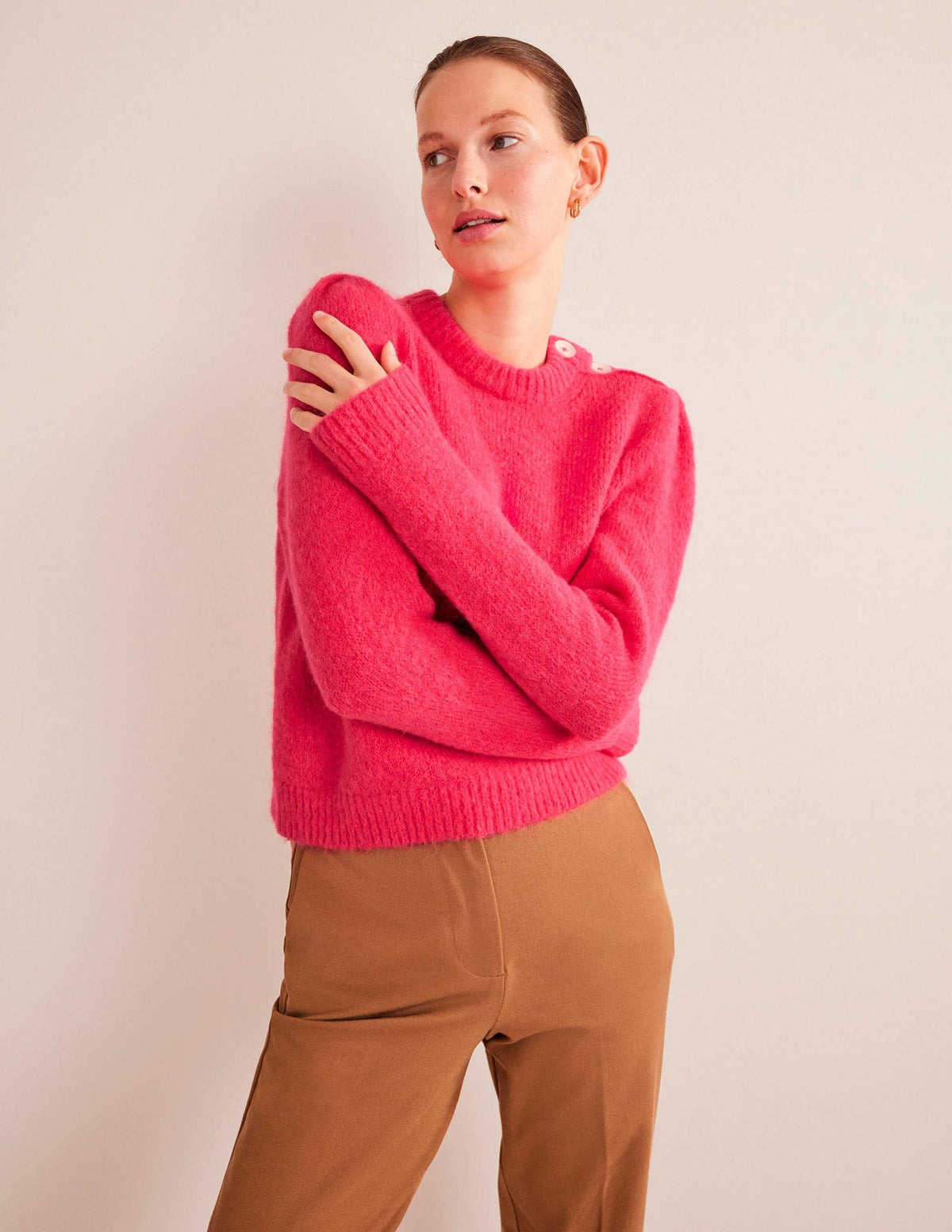 Fluffy Button Shoulder Sweater-Virtual Pink-4
