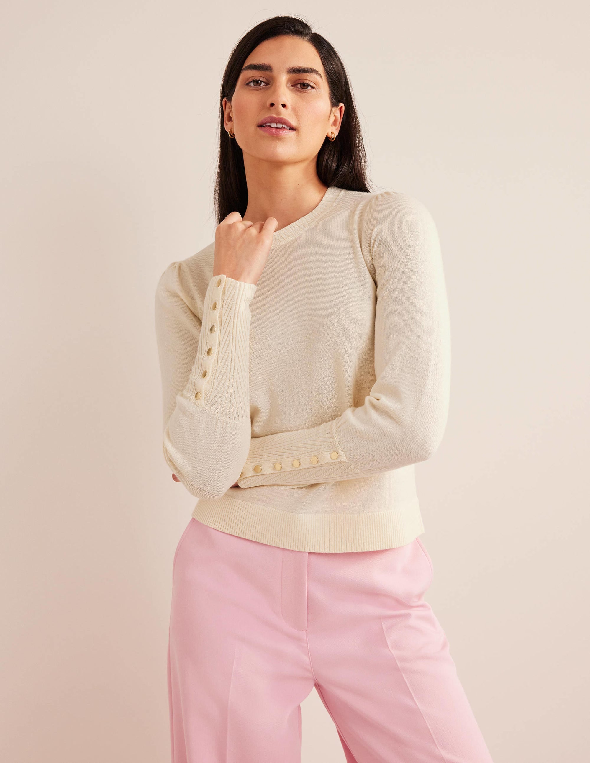 Button Cuff Merino Sweater-Warm Ivory - Image 1