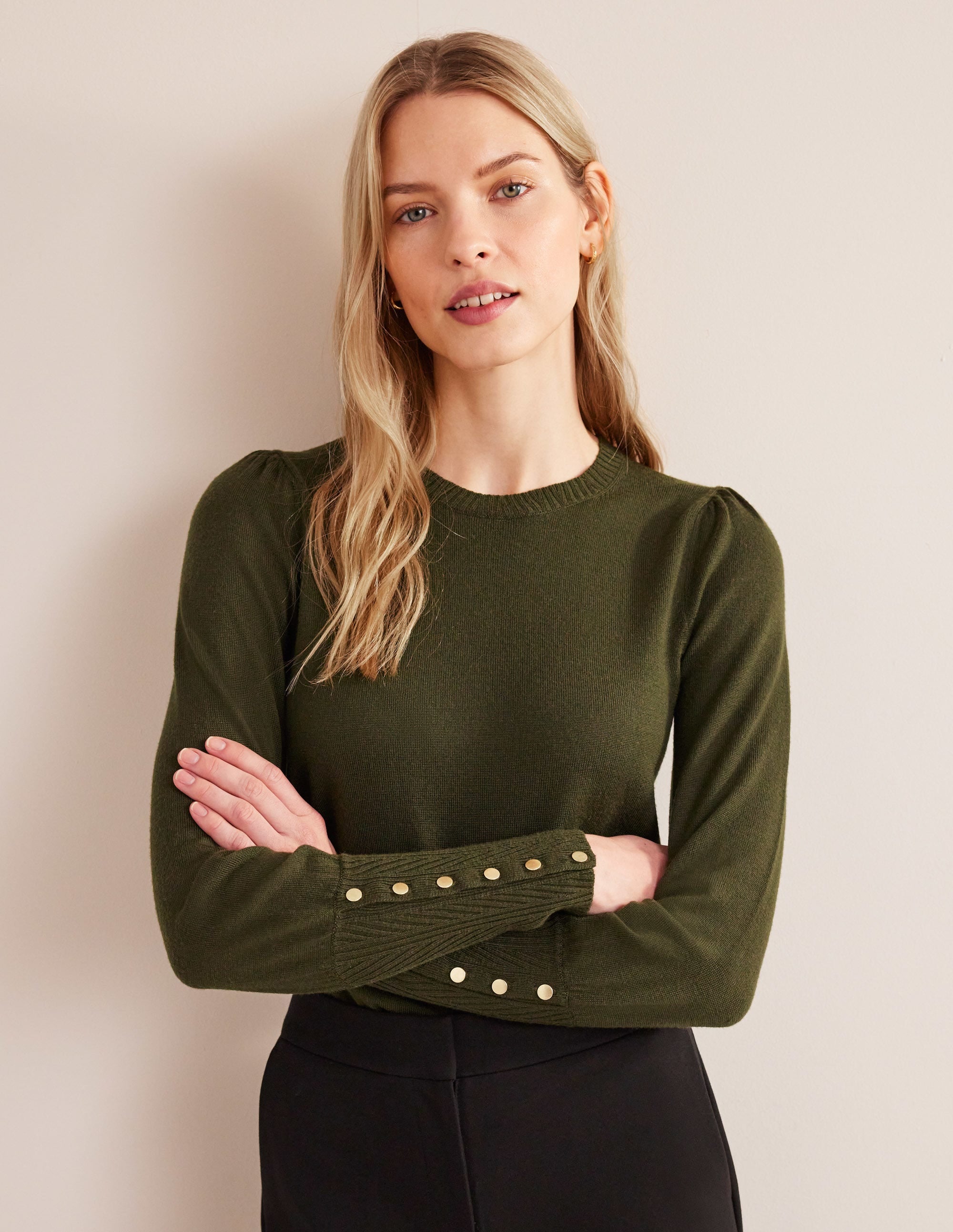 Button Cuff Merino Sweater-Khaki - Image 1