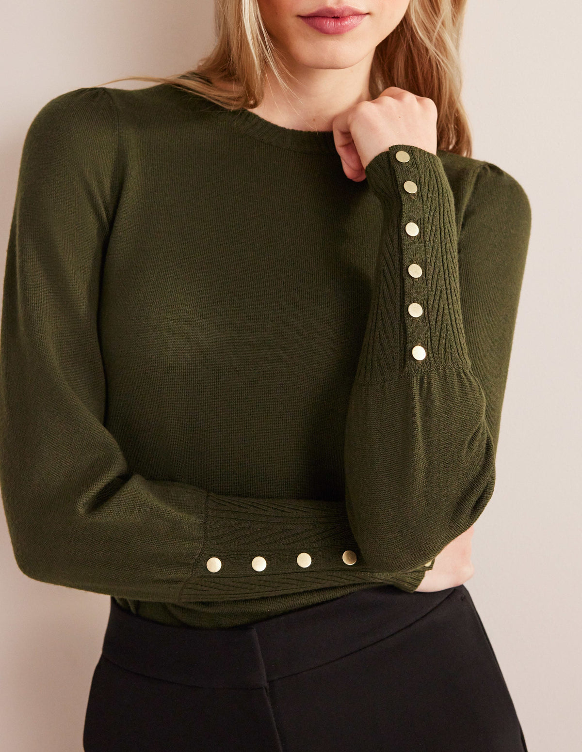 Button Cuff Merino Sweater-Khaki - Image 2