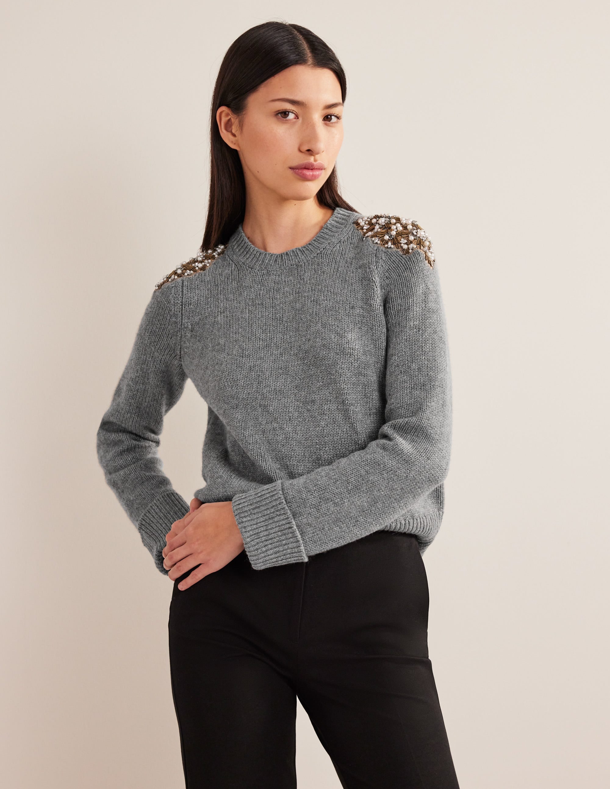 Embellished Sweater-Grey Melange Embellishment - Image 1