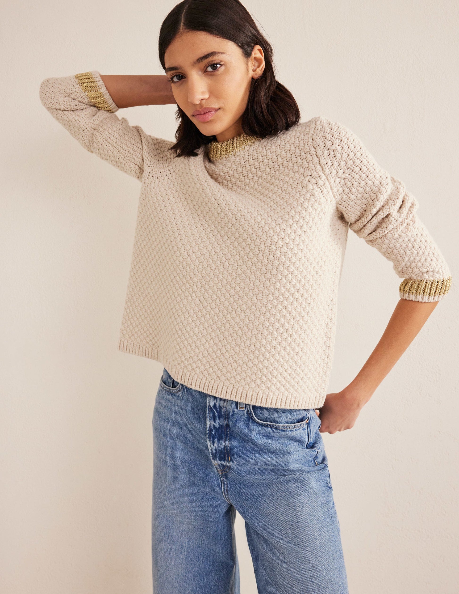Textured Chunky Wool Sweater-Shearling, Gold-1