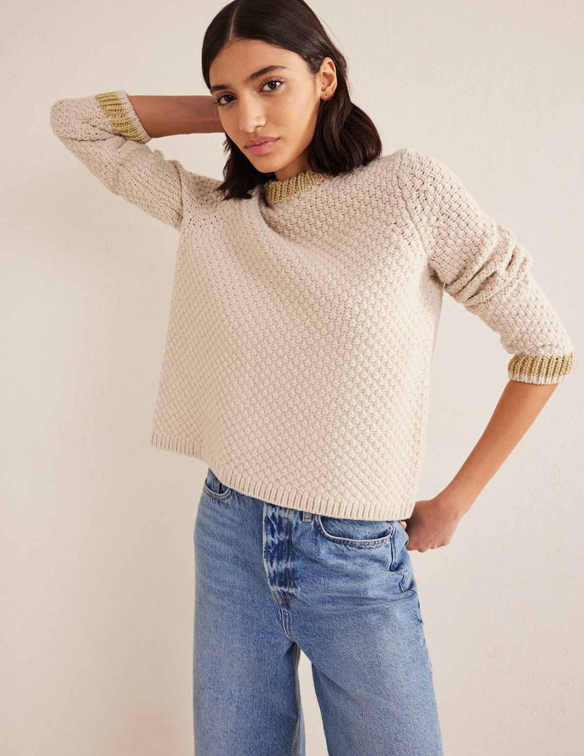 Textured Chunky Wool Sweater-Shearling, Gold - Image 1