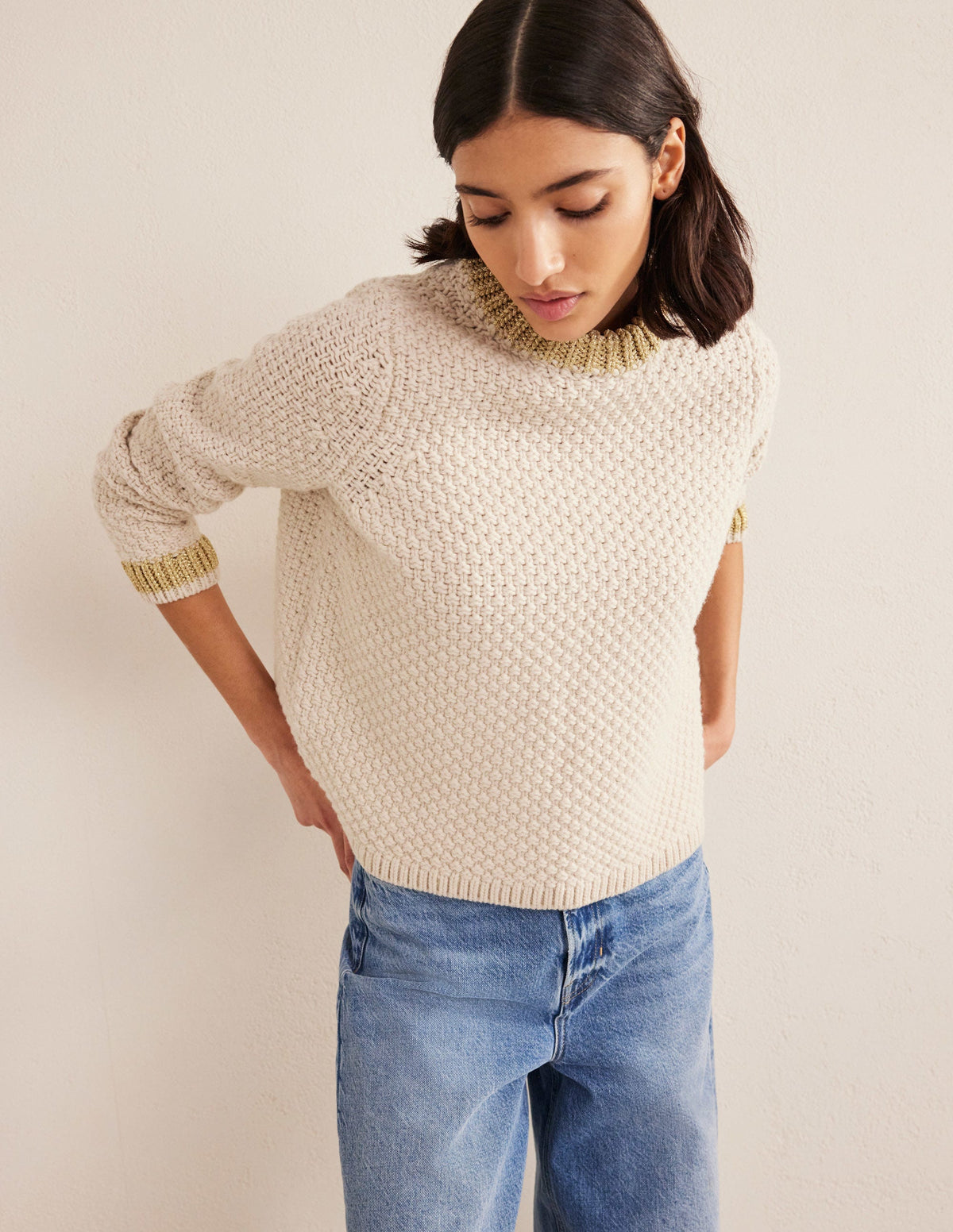 Textured Chunky Wool Sweater-Shearling, Gold - Image 4