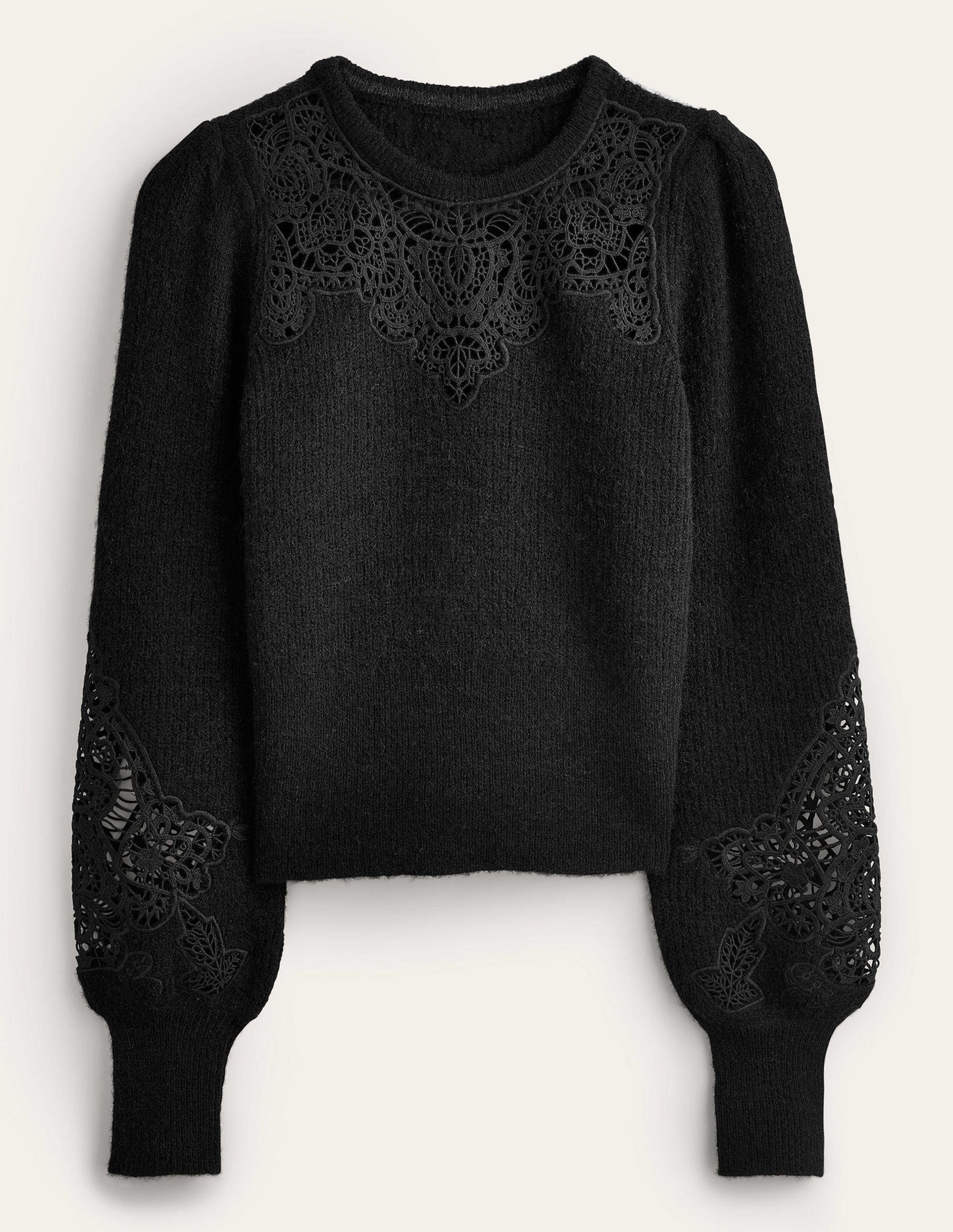 Lace Panel Fluffy Sweater-Black-5