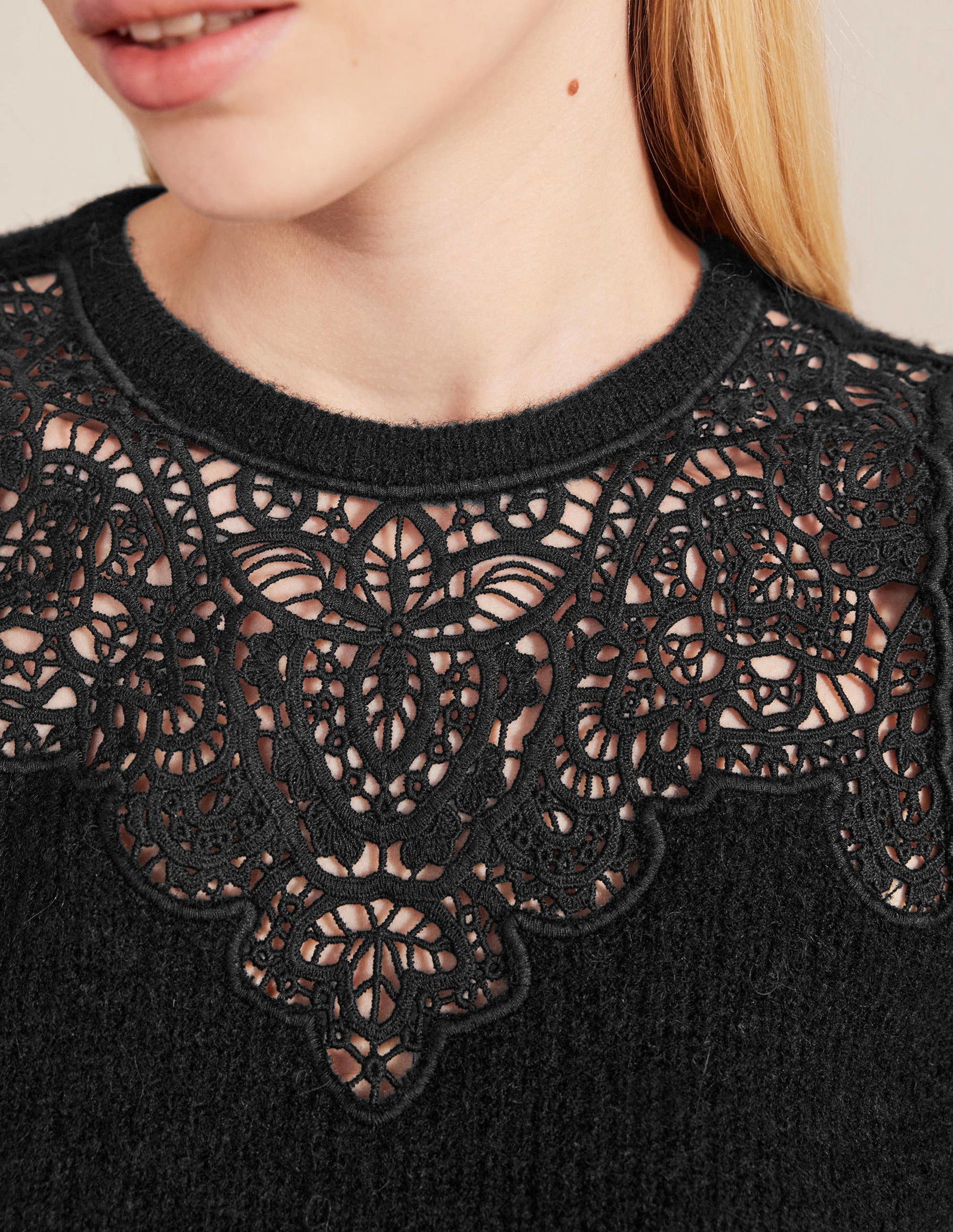 Lace Panel Fluffy Sweater-Black-2