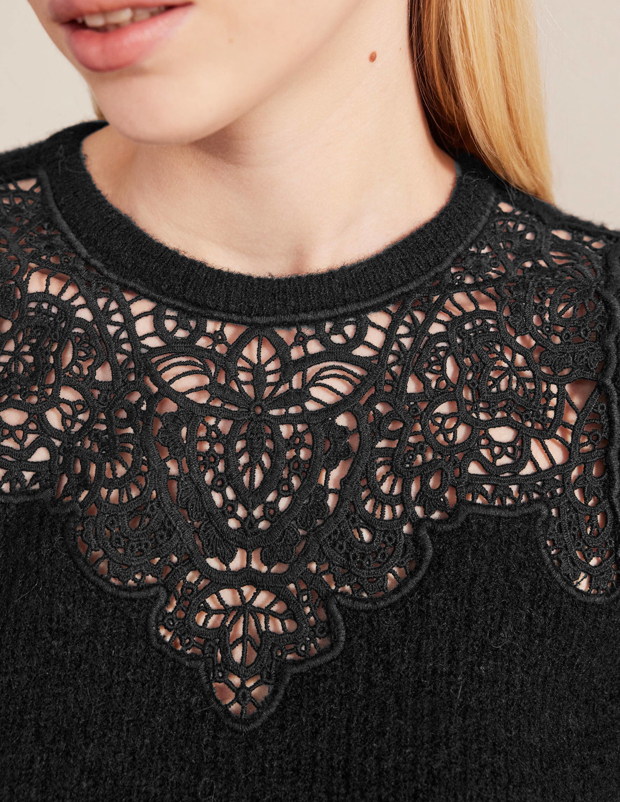 Lace Panel Fluffy Sweater-Black - Image 2