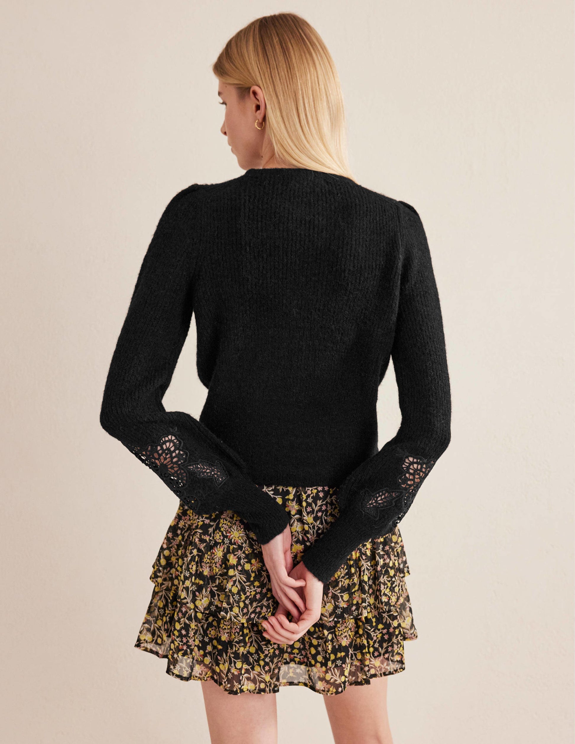 Lace Panel Fluffy Sweater-Black-3