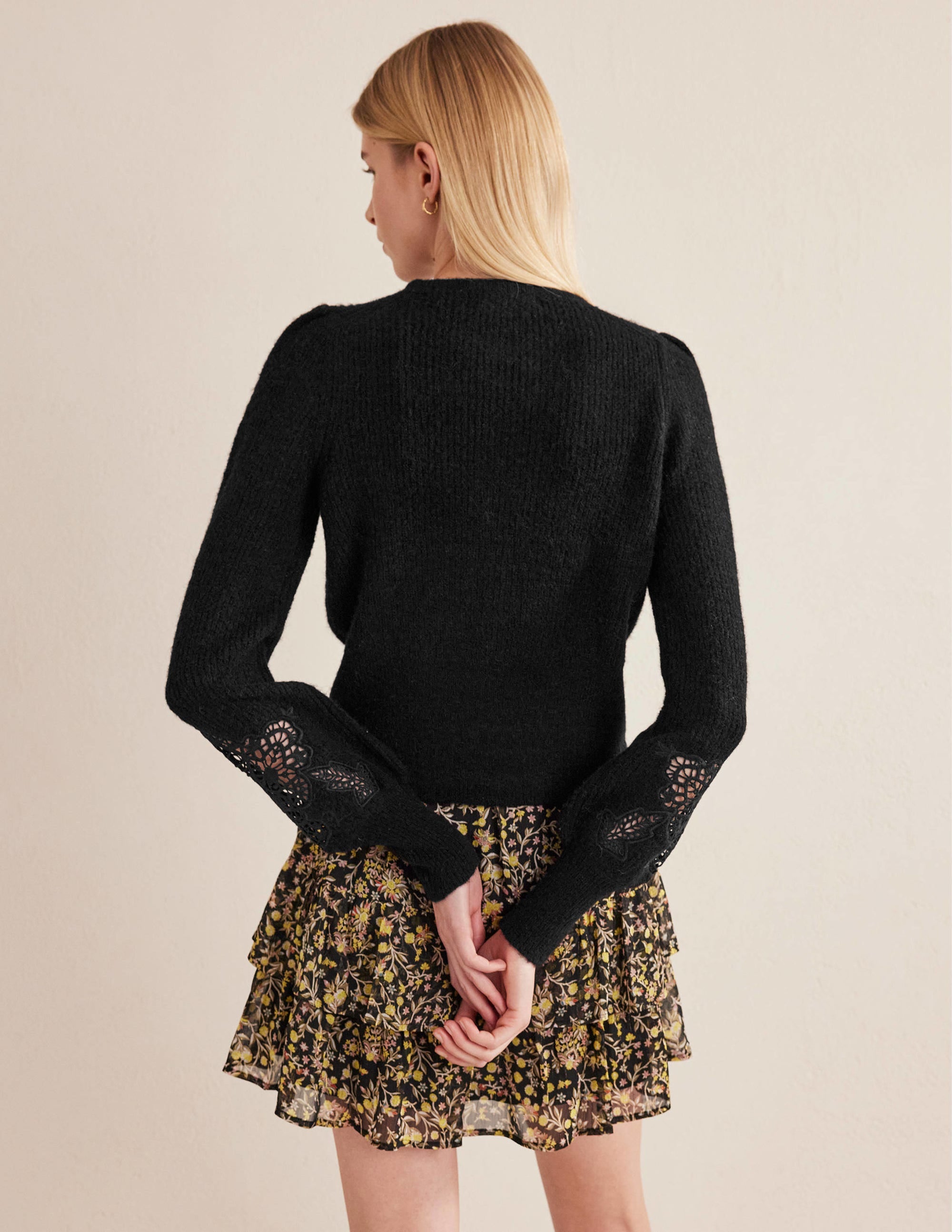 Lace Panel Fluffy Sweater-Black - Image 3