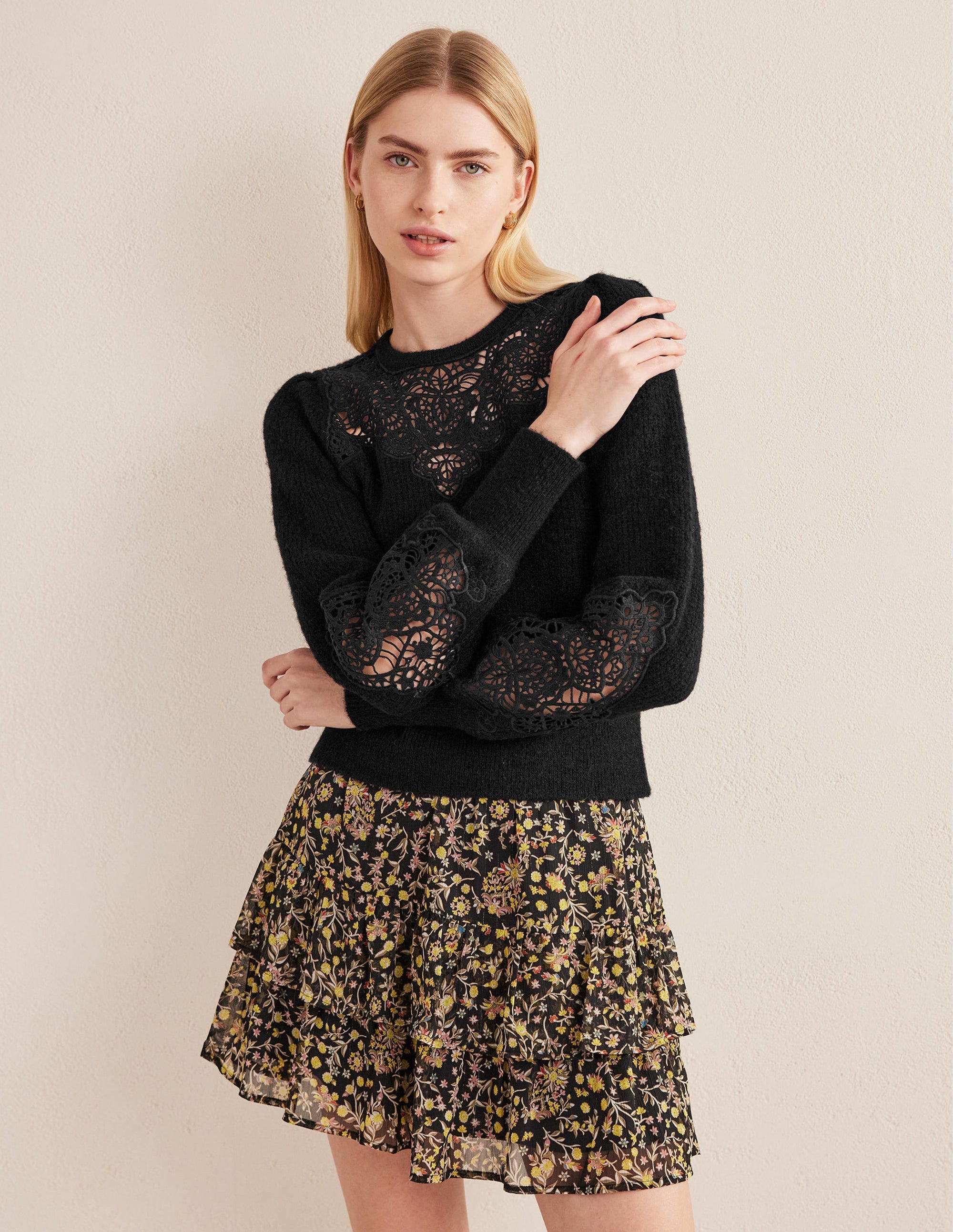 Lace Panel Fluffy Sweater-Black - Image 4