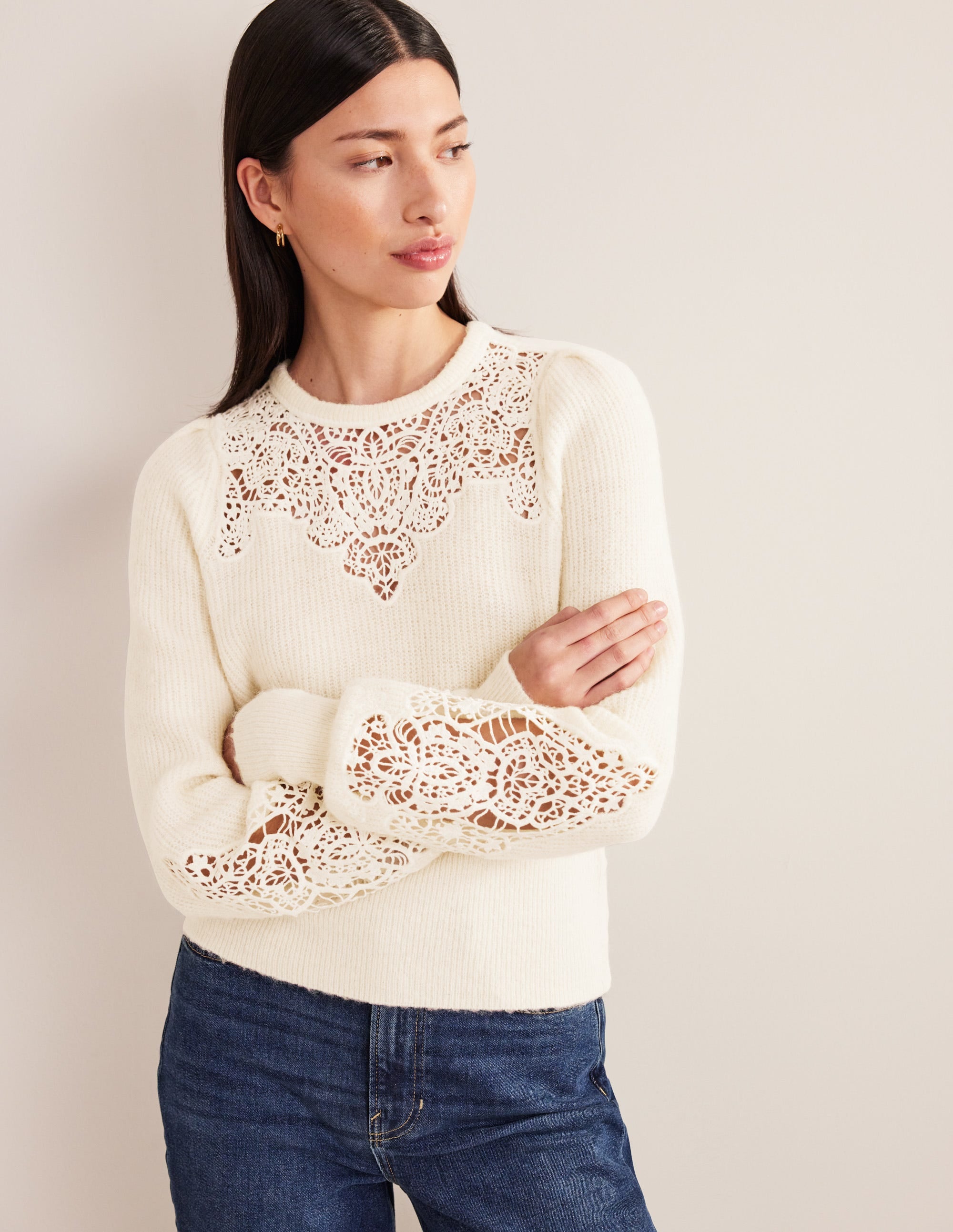 Lace Panel Fluffy Sweater-Ivory - Image 1