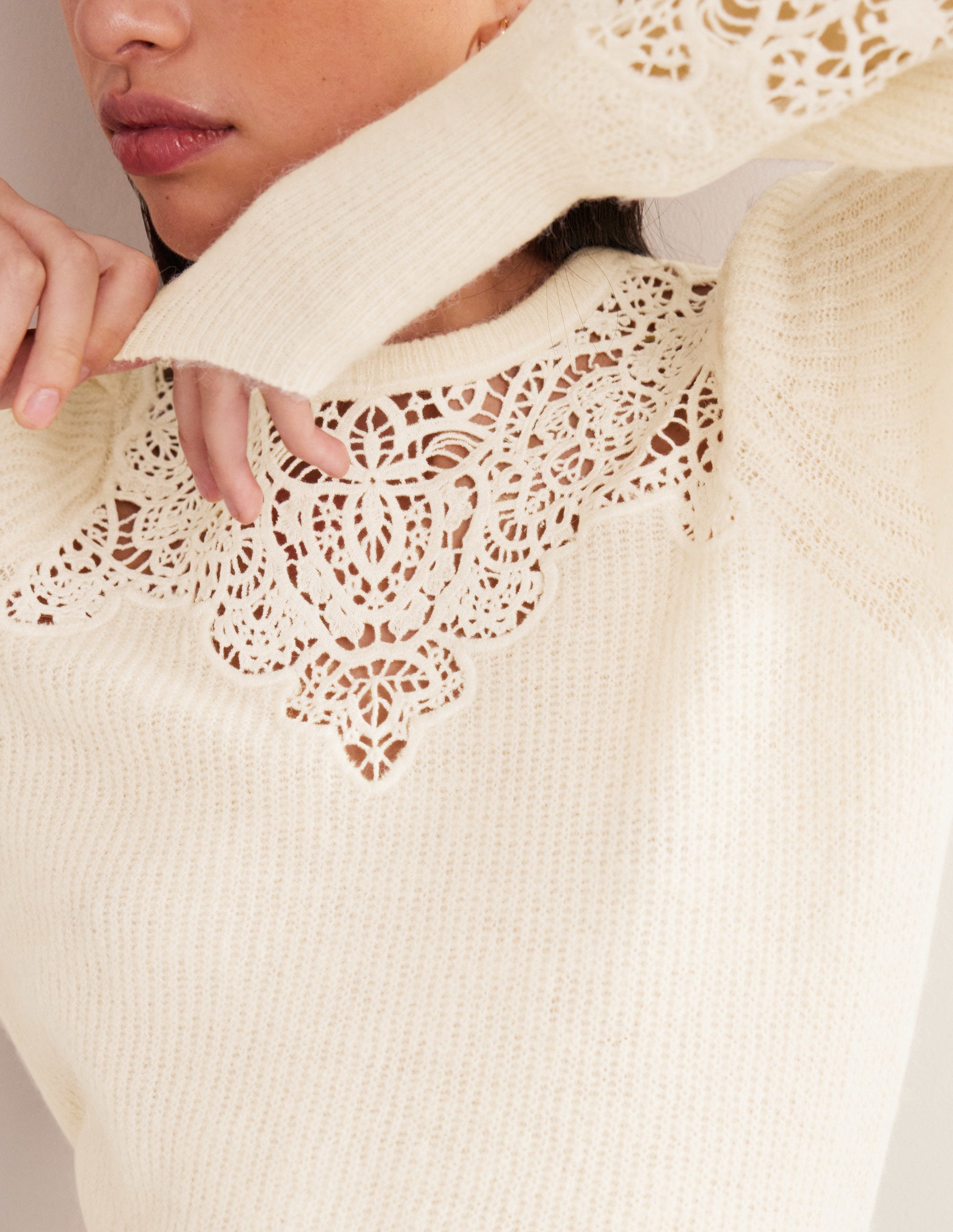Lace Panel Fluffy Sweater-Ivory - Image 2