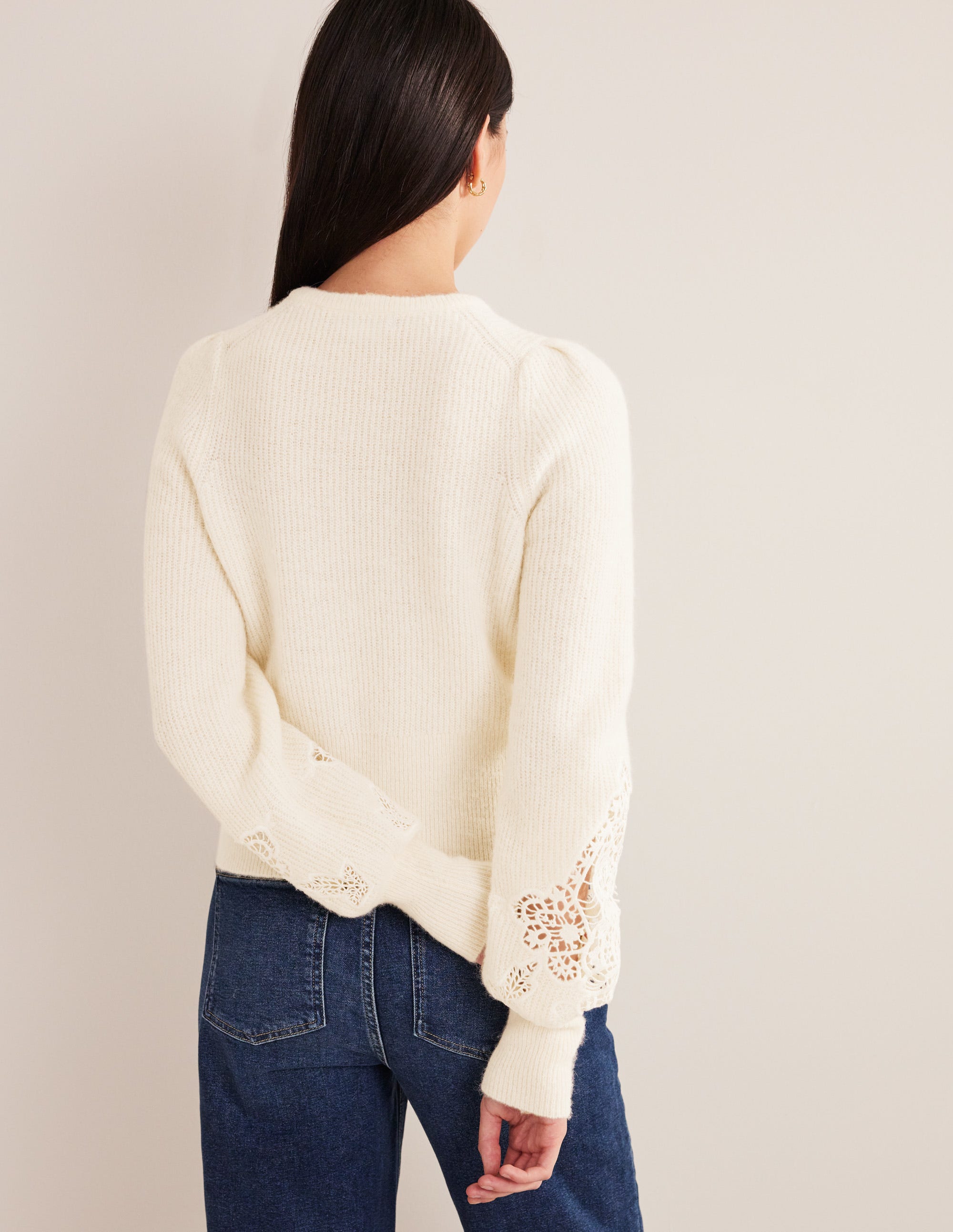 Lace Panel Fluffy Sweater-Ivory - Image 3