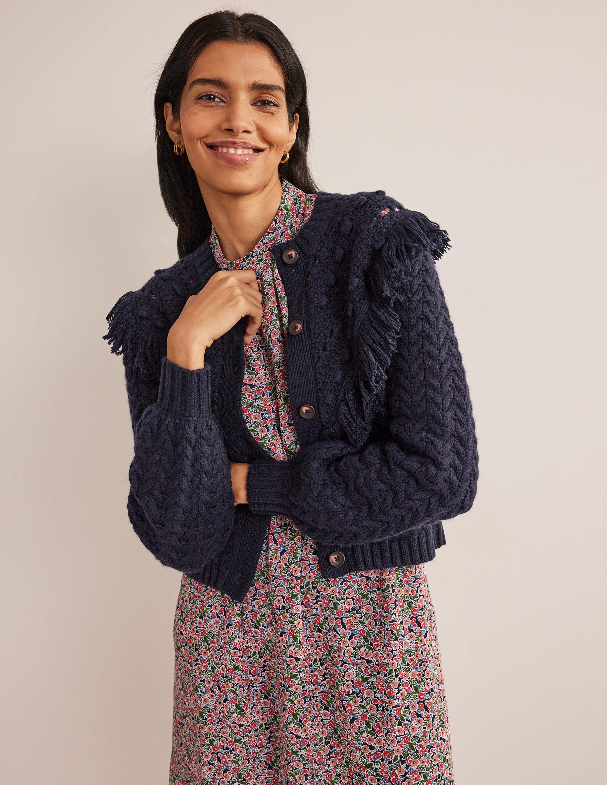 Fringe Detail Cardigan-Navy - Image 1