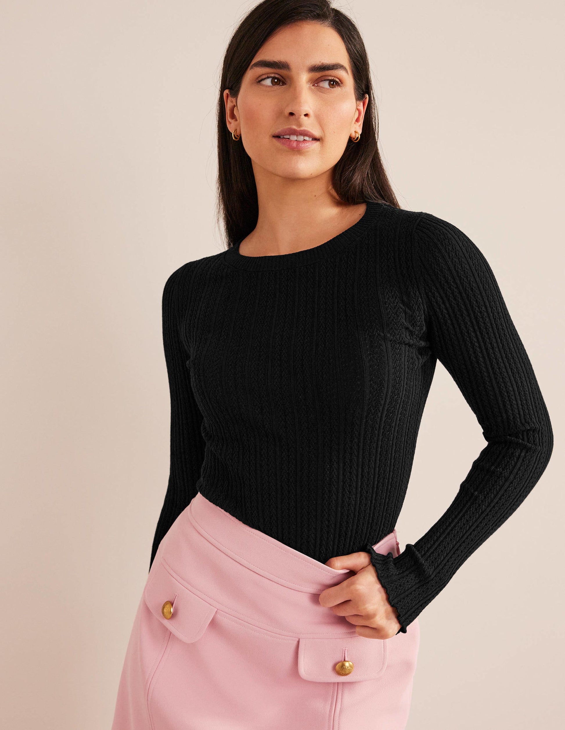 Ribbed Pointelle Top-Black-1