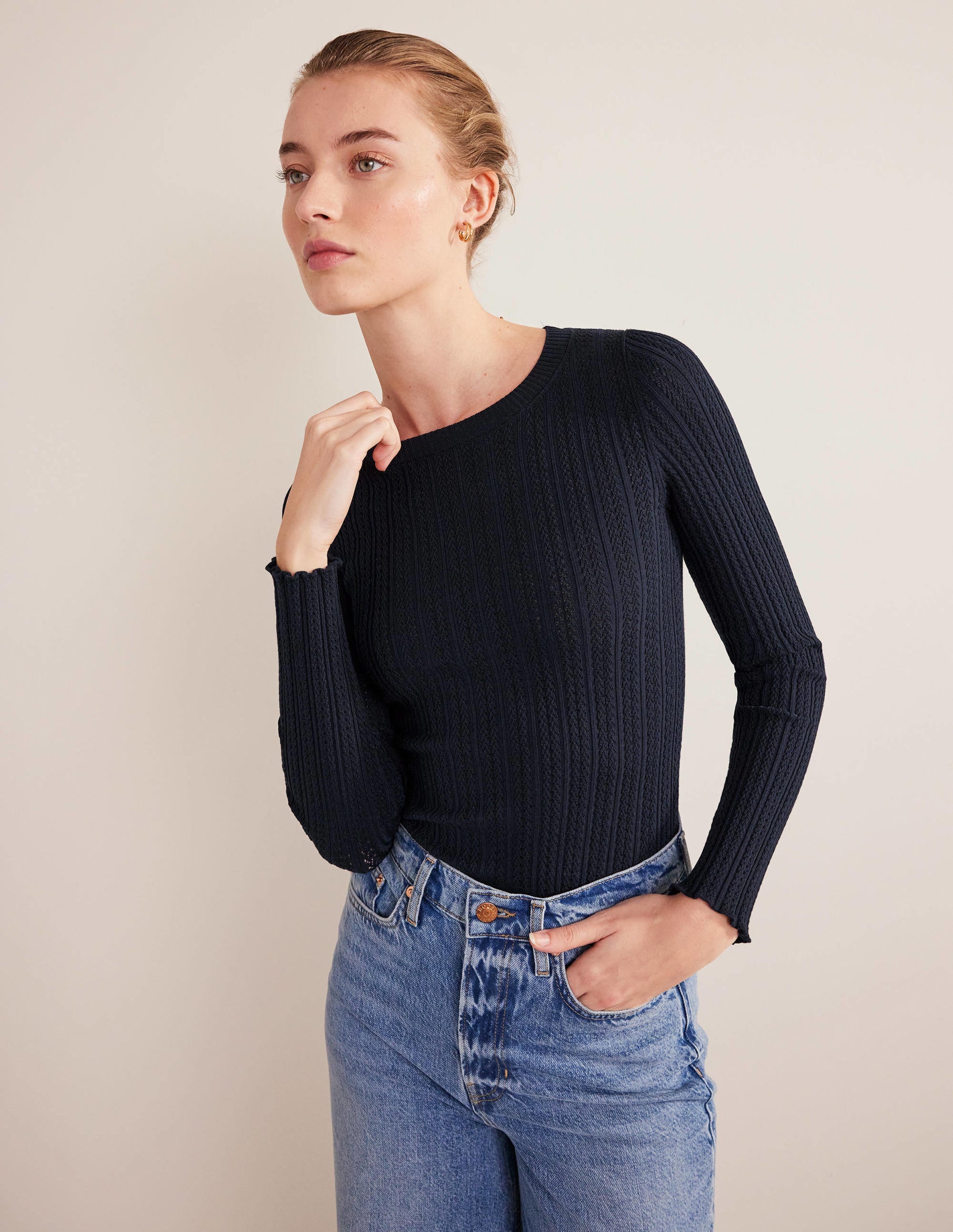 Ribbed Pointelle Top-Navy - Image 1