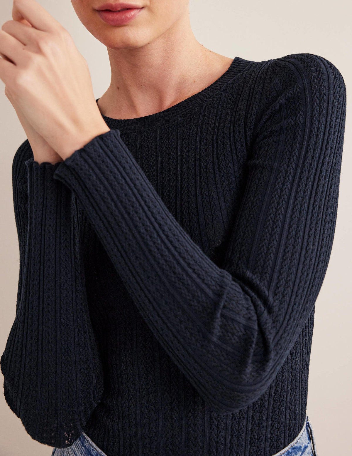 Ribbed Pointelle Top-Navy-2