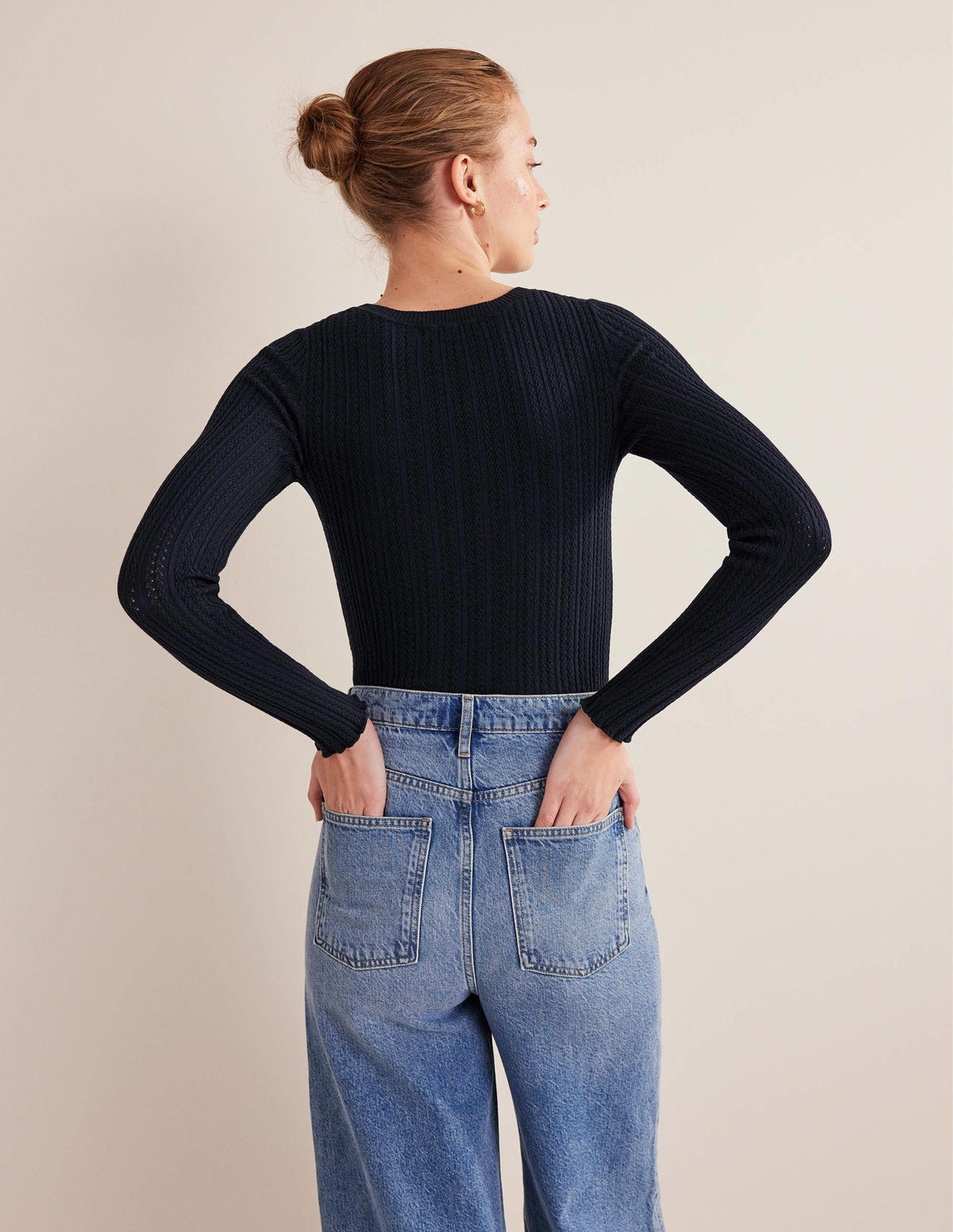 Ribbed Pointelle Top-Navy-3