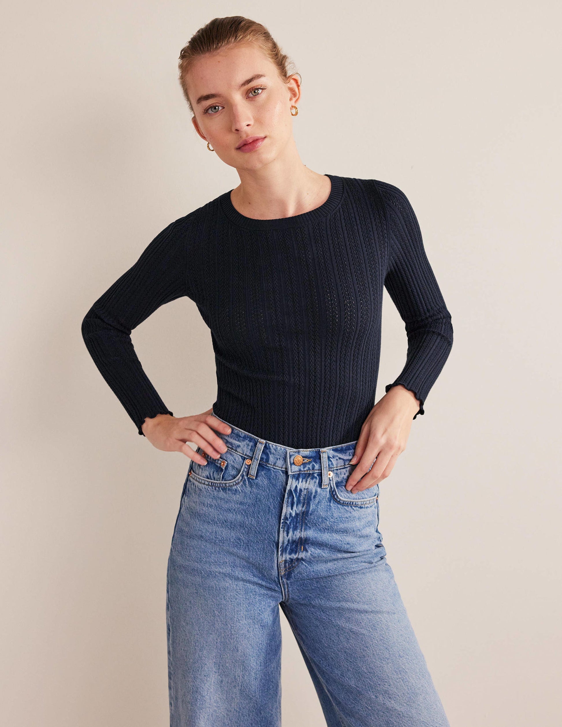 Ribbed Pointelle Top-Navy-4