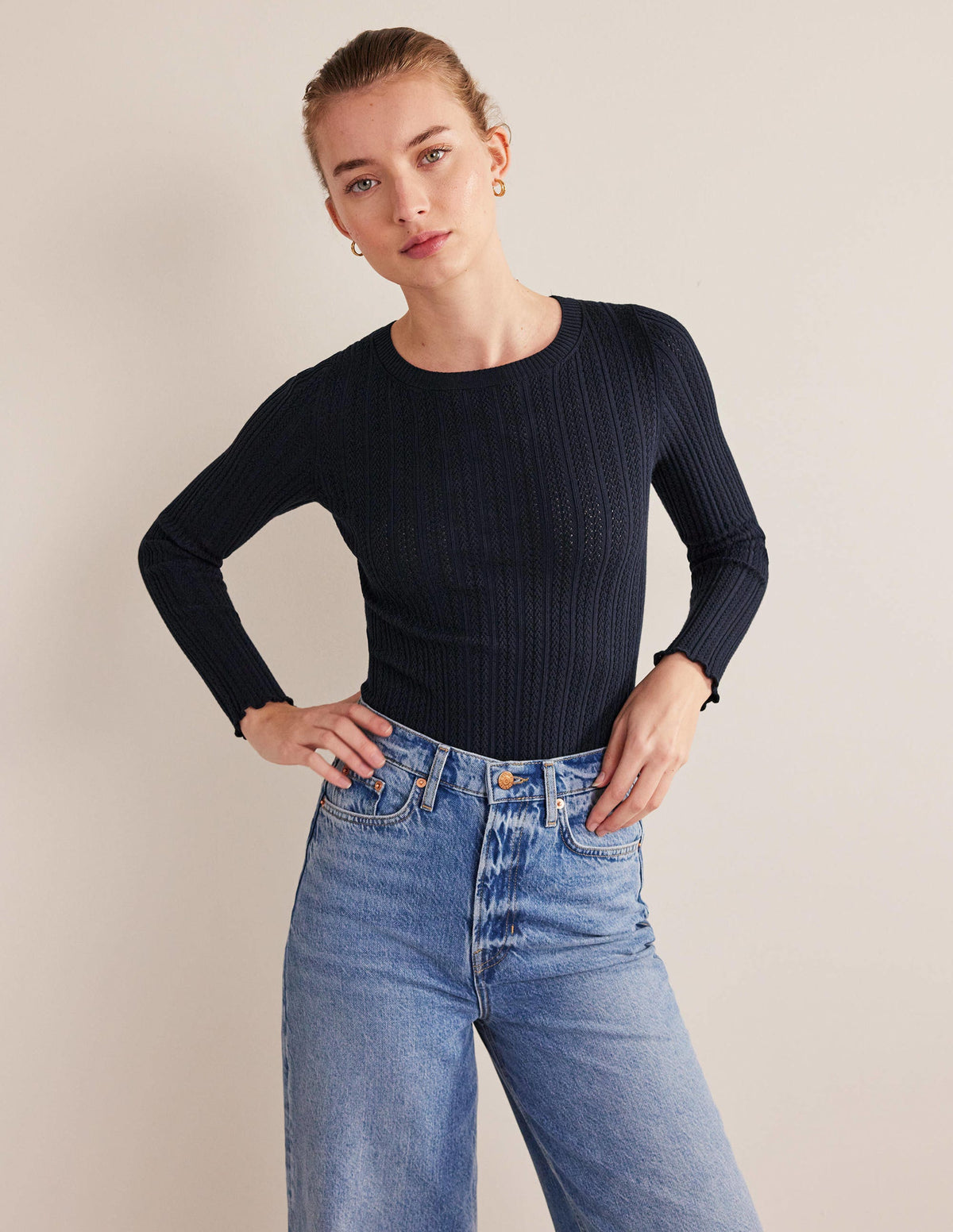 Ribbed Pointelle Top-Navy - Image 4