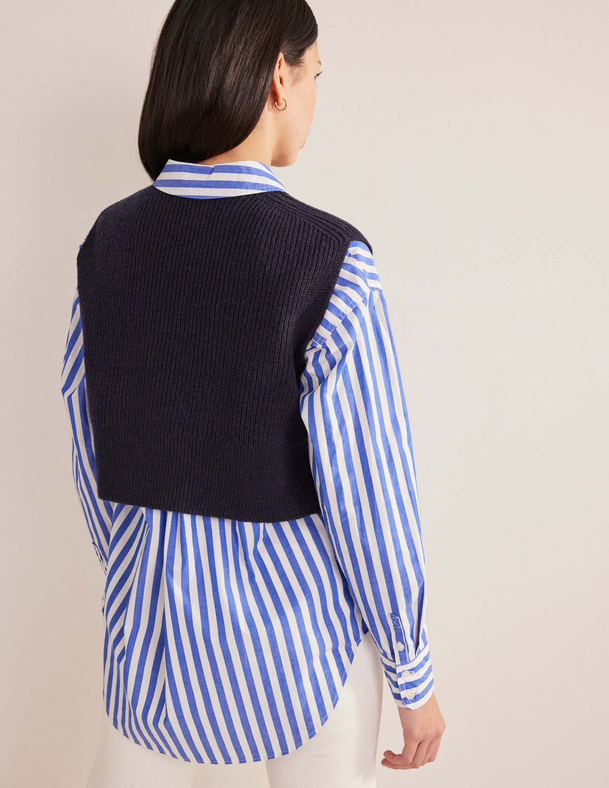Cropped Ribbed Sweater Vest-Navy - Image 3