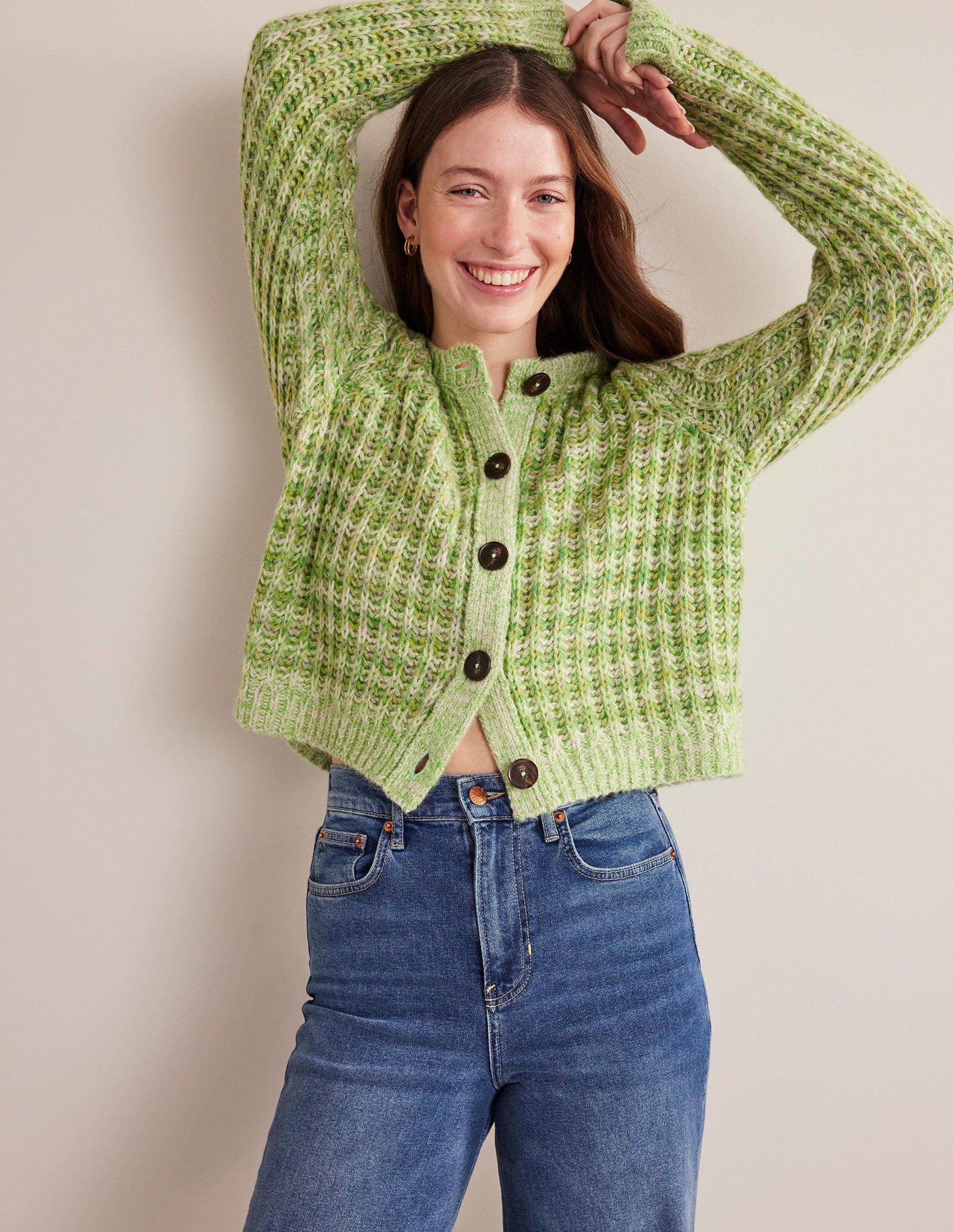 Wide Rib Fluffy Cardigan-Green Marl-1