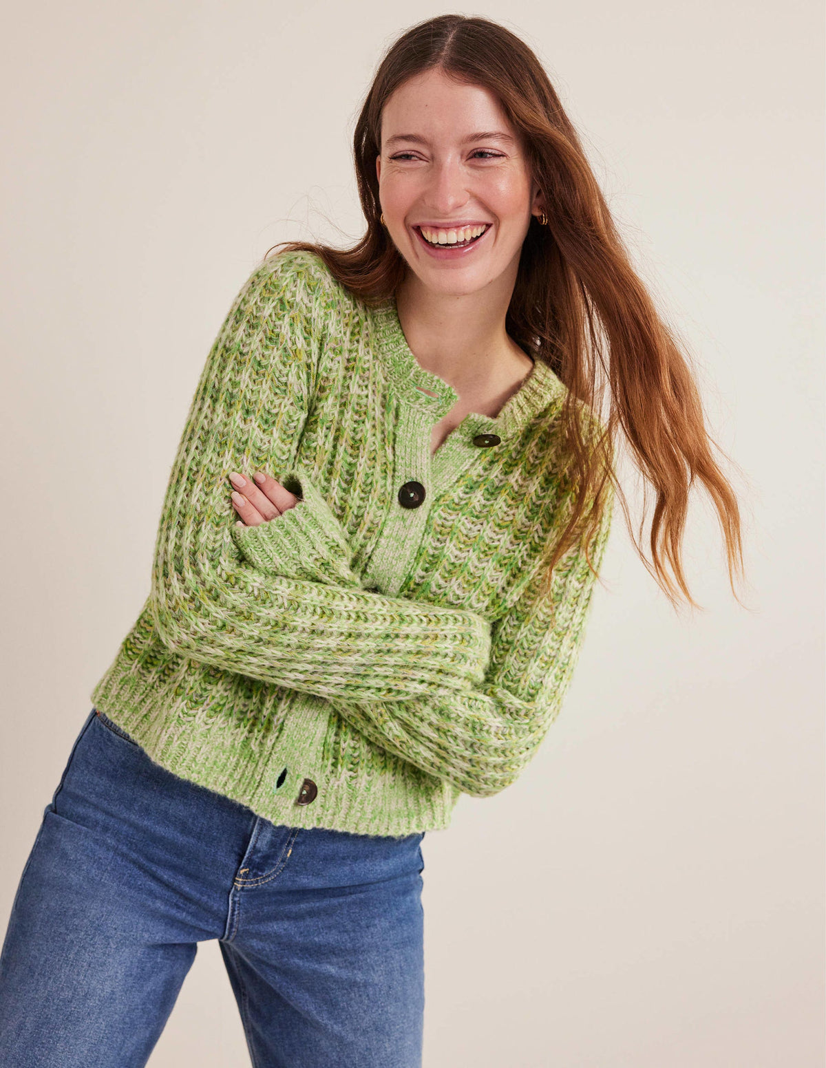Wide Rib Fluffy Cardigan-Green Marl - Image 4