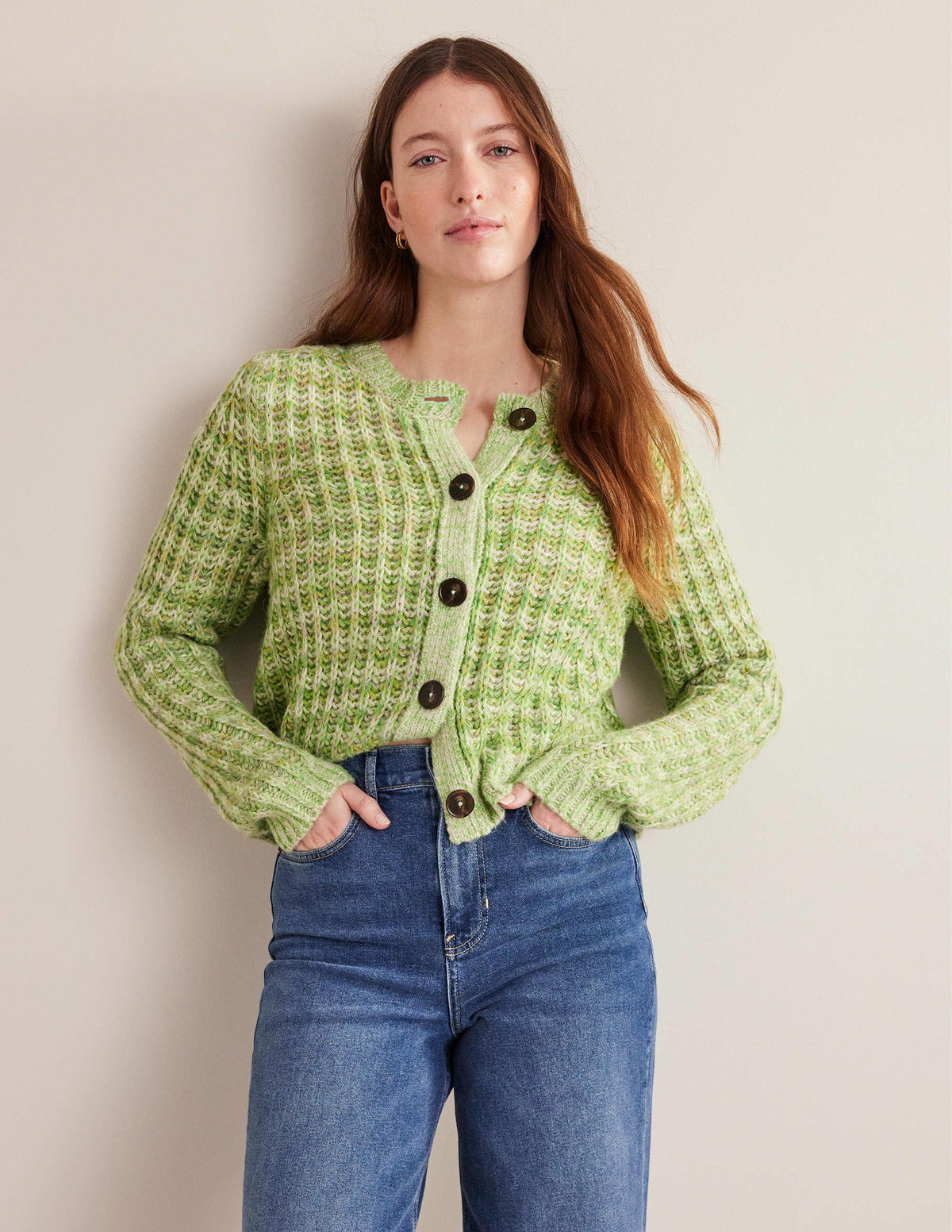 Wide Rib Fluffy Cardigan-Green Marl-5