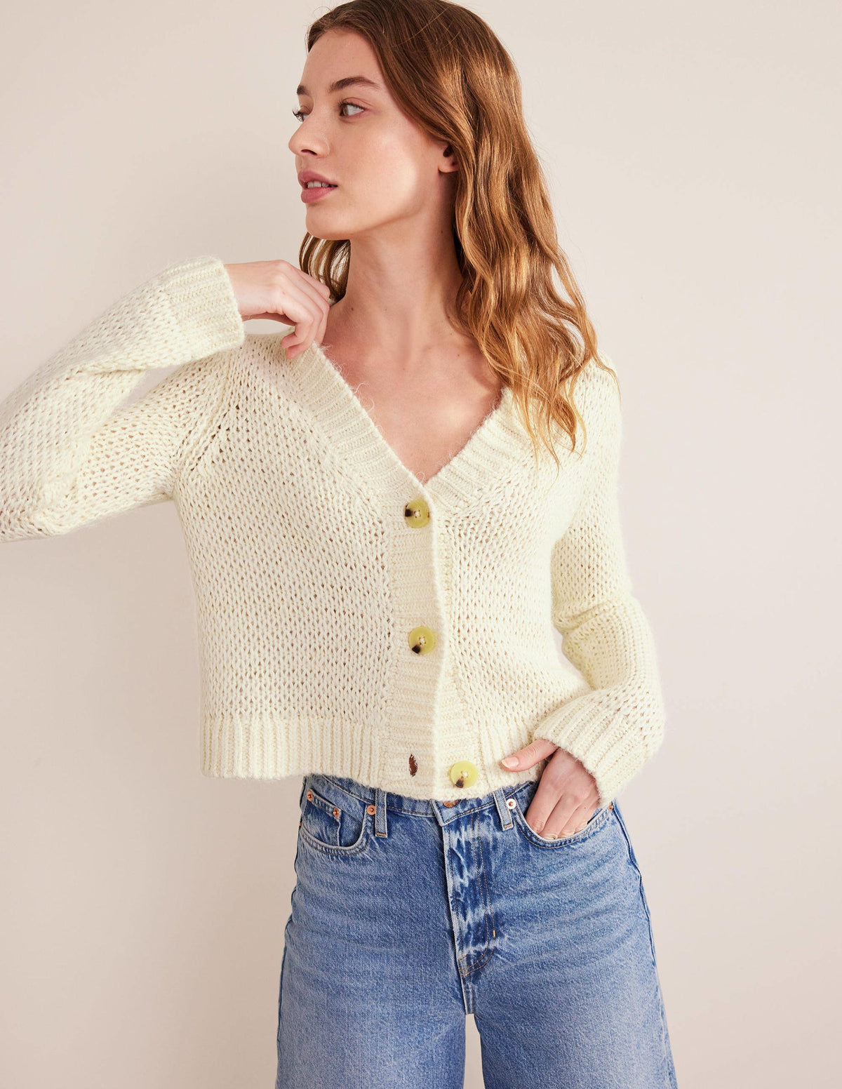 Fluffy Open Stitch Cardigan-Warm Ivory - Image 1