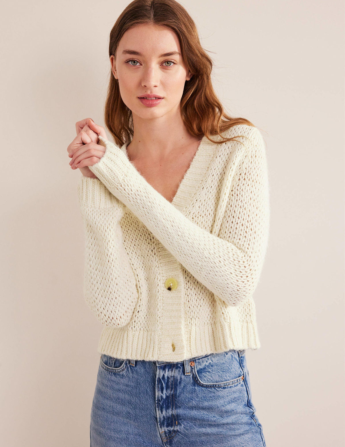 Fluffy Open Stitch Cardigan-Warm Ivory - Image 4