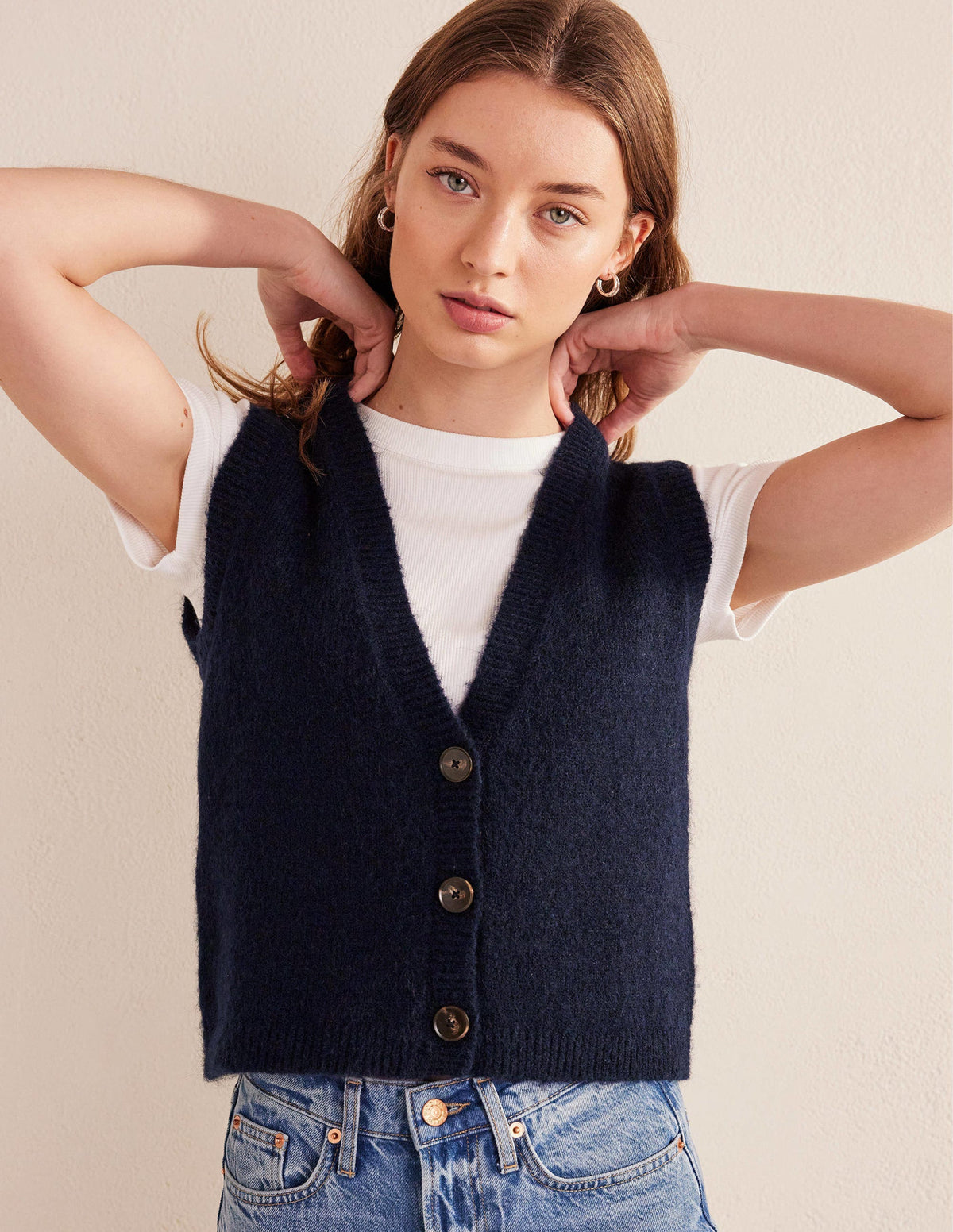 Cropped Fluffy Cardigan Tank-Navy - Image 1