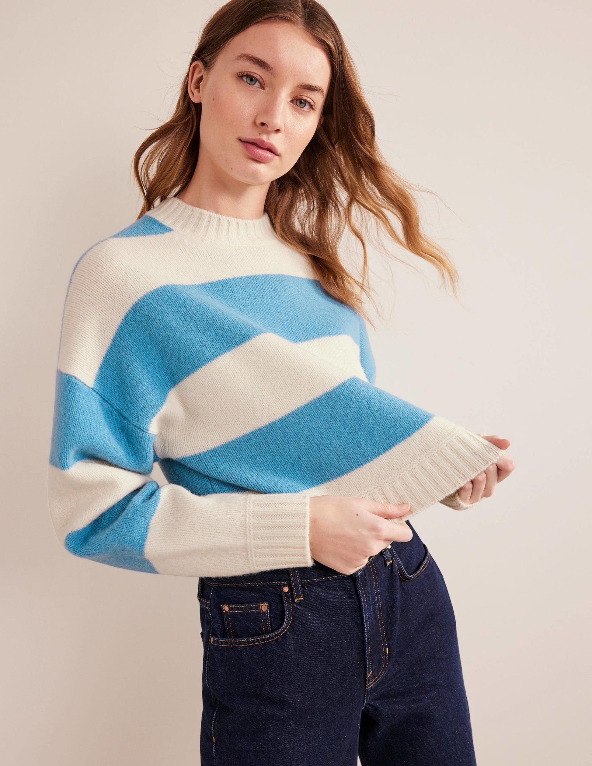 Brushed Wool Cropped Sweater-Linseed, Ivory Stripe-1