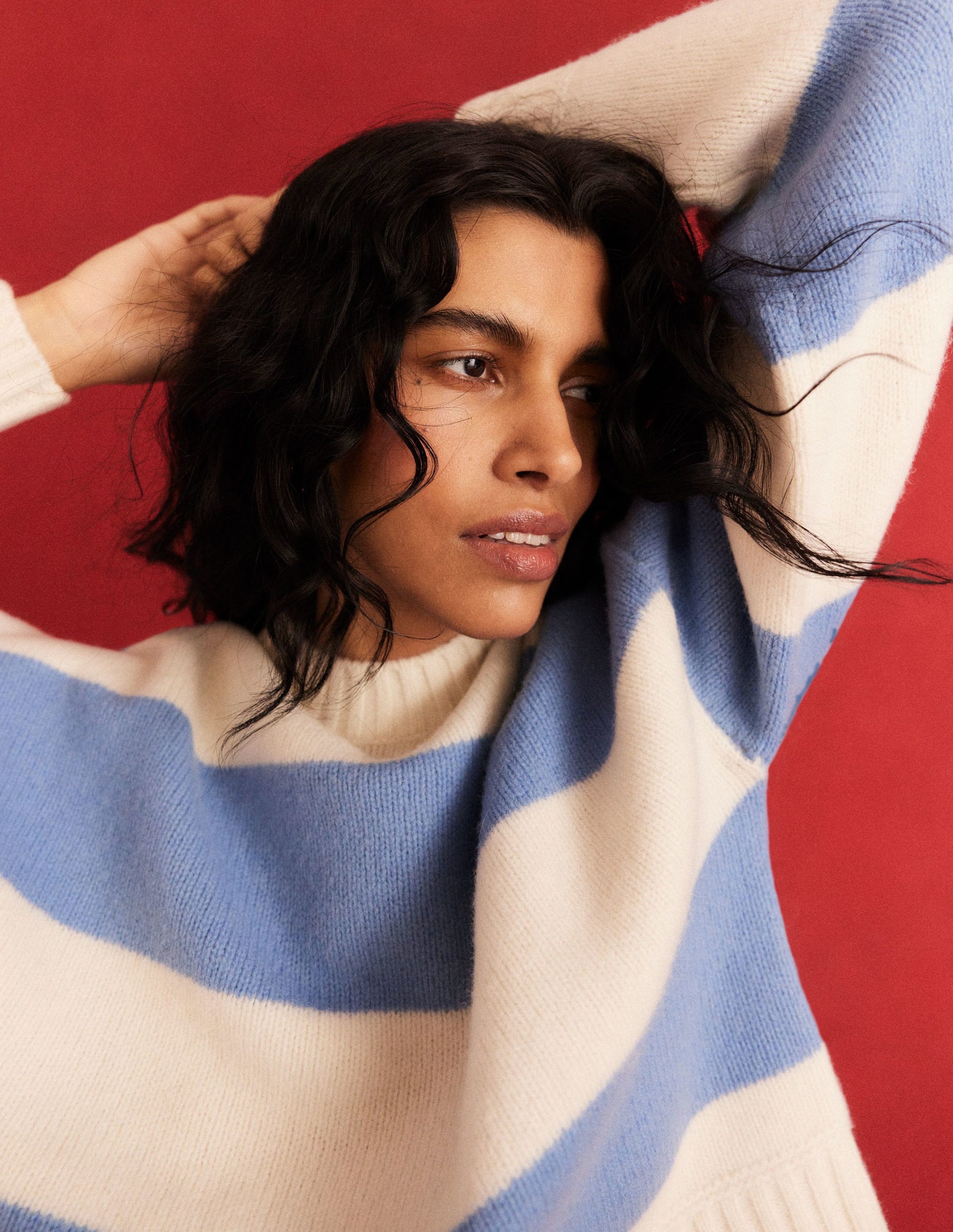 Brushed Wool Cropped Sweater-Linseed, Ivory Stripe-3