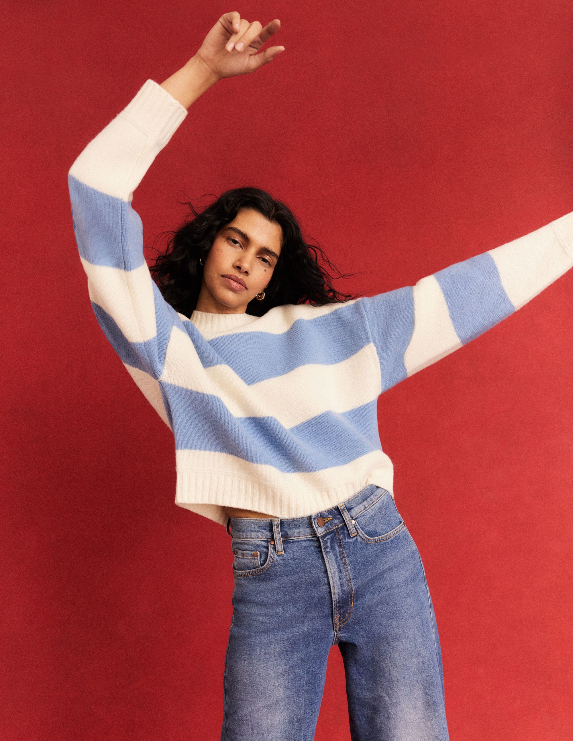 Brushed Wool Cropped Sweater-Linseed, Ivory Stripe - Image 4