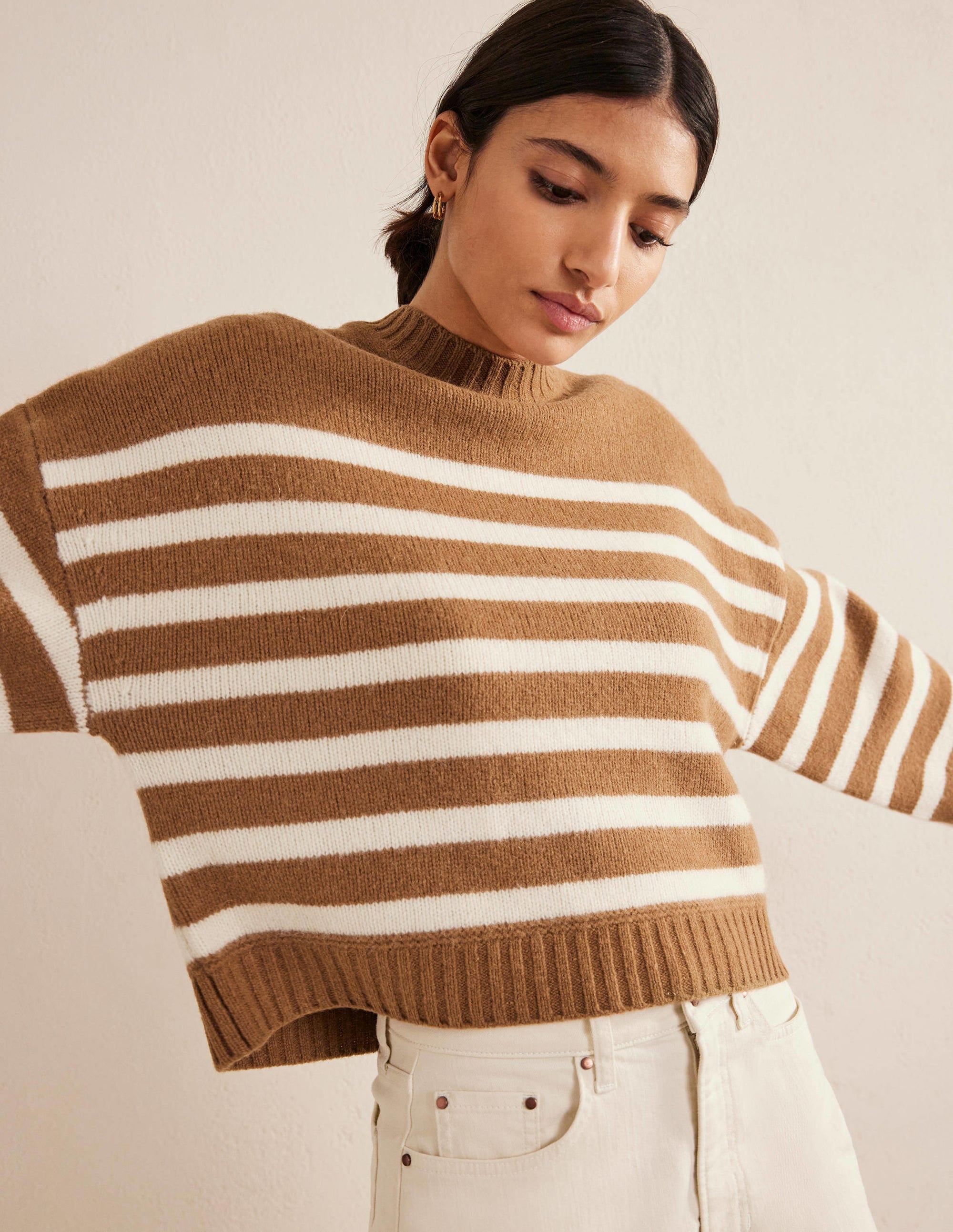 Brushed Wool Cropped Sweater-Teddy Bear, Ivory Stripe - Image 1