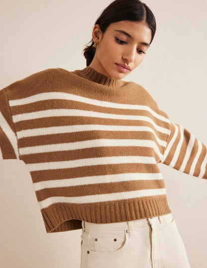 Brushed Wool Cropped Sweater-Teddy Bear, Ivory Stripe-1