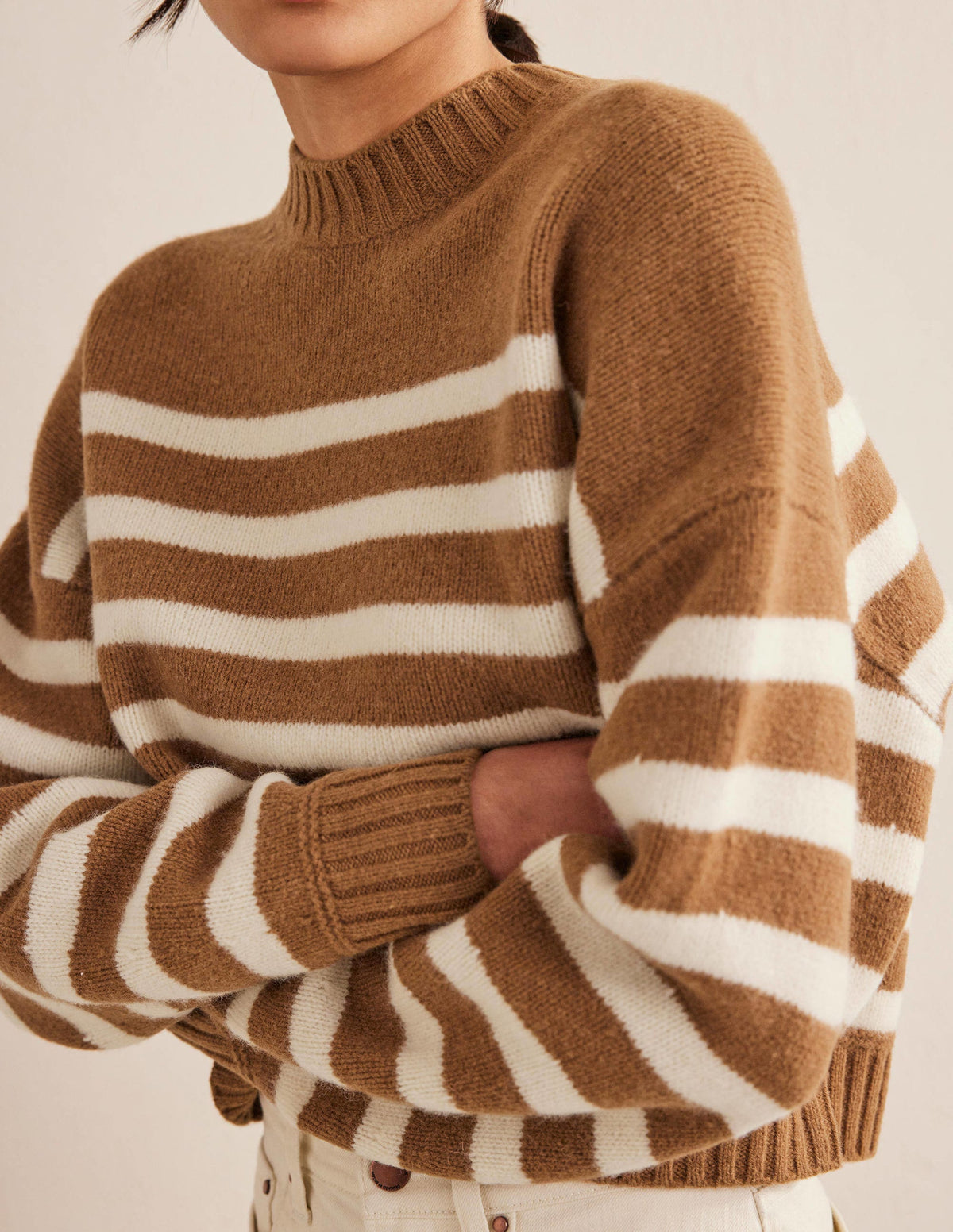 Brushed Wool Cropped Sweater-Teddy Bear, Ivory Stripe - Image 2