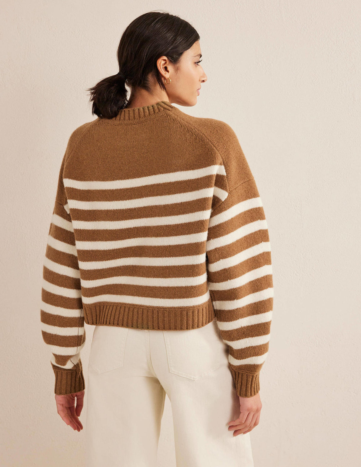 Brushed Wool Cropped Sweater-Teddy Bear, Ivory Stripe - Image 3